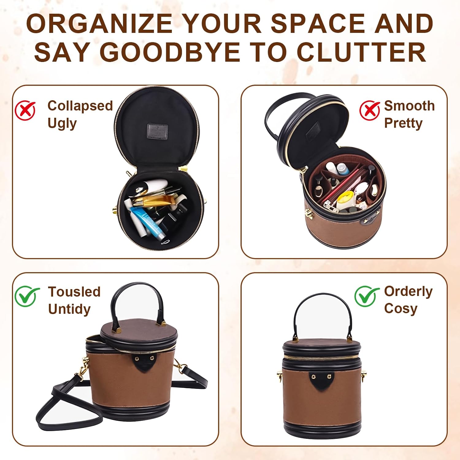Organizer Bags Bag Organizer Bag Interior Organiser, Women's Bag Organizer with 8 Pockets, Felt Storage for Women's Bags, 14 cm x 12 cm, Brown image 5