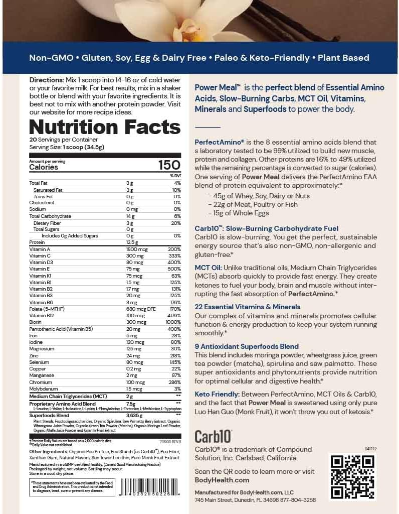 BodyHealth PerfectAmino Power Meal (Natural Vanilla Flavor) Vegan Meal Replacement Shake, Non Dairy Protein Powder, Plant Based Meal Replacement, Organic Meal Replacement