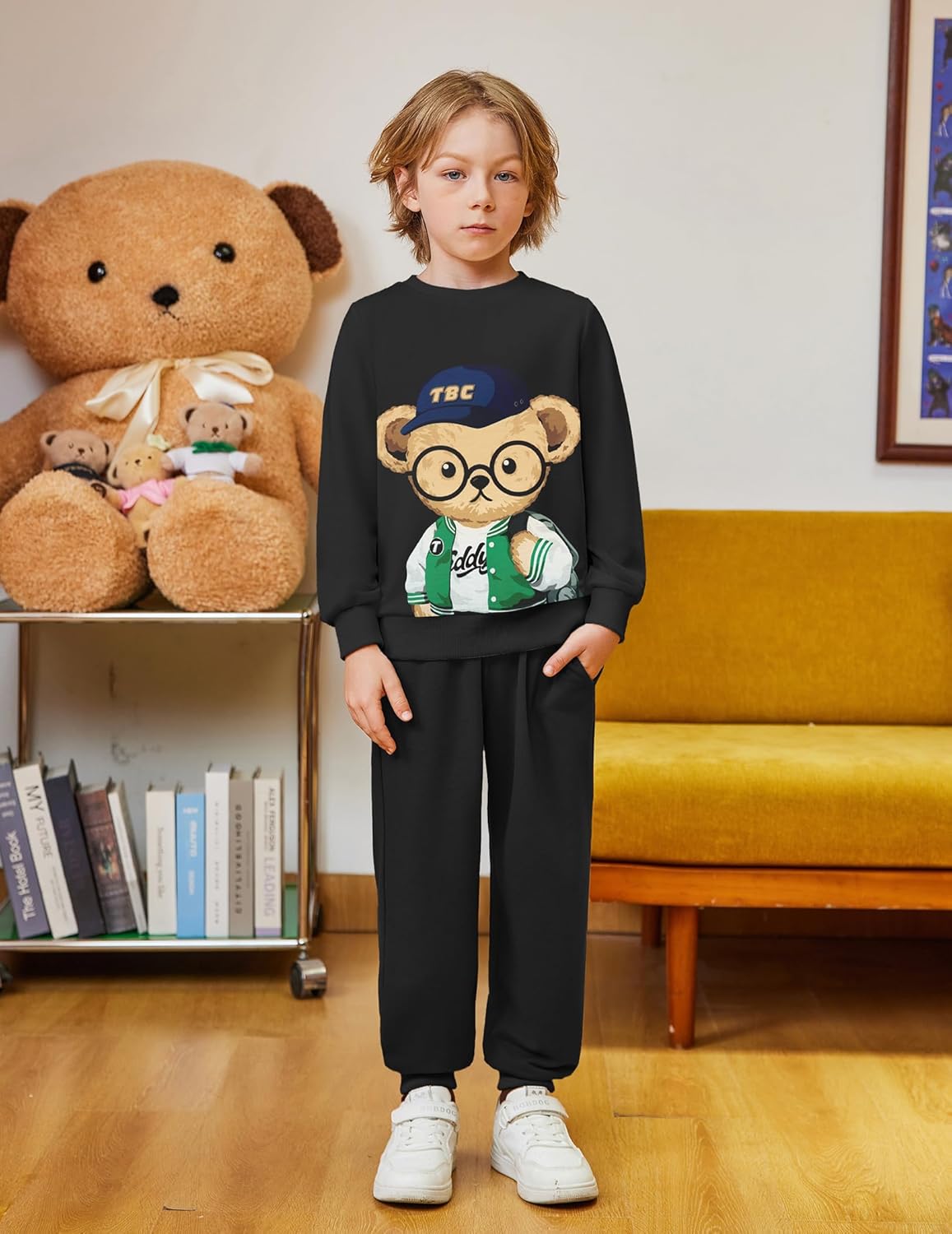 Arshiner Boys 2-Piece Teddy Bear Print Sweatshirt and Sweatpants Set - Cool Black Fall Winter Outfit 5-6 Years - Image 2