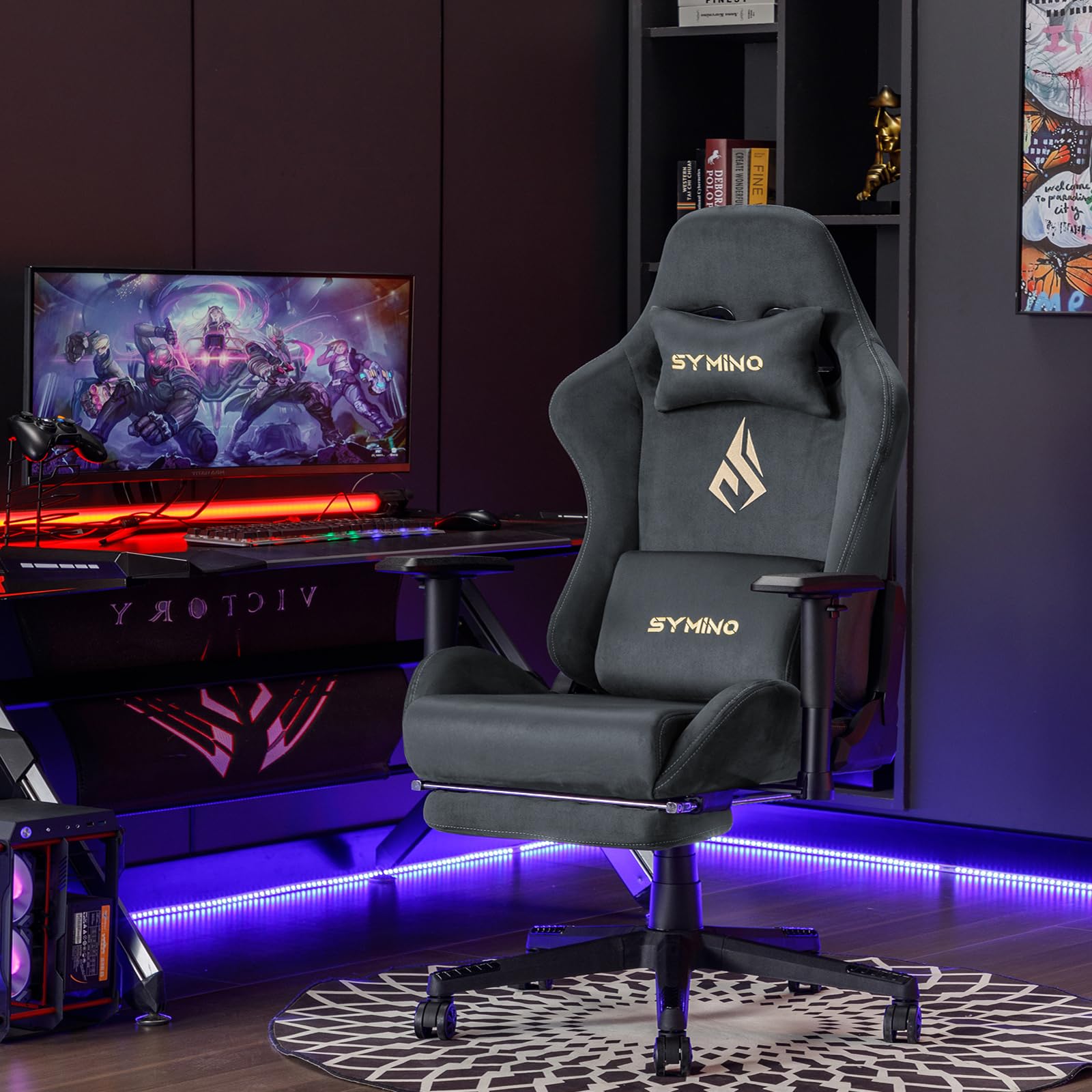 Symino Silla Gaming Ergonómica Reclinable con Reposapiés Ajustable, Soporte Lumbar y Reposacabezas Regulable, Altura Ajustable para Adultos hasta 200kg (Gamuza Artificial,Grey)