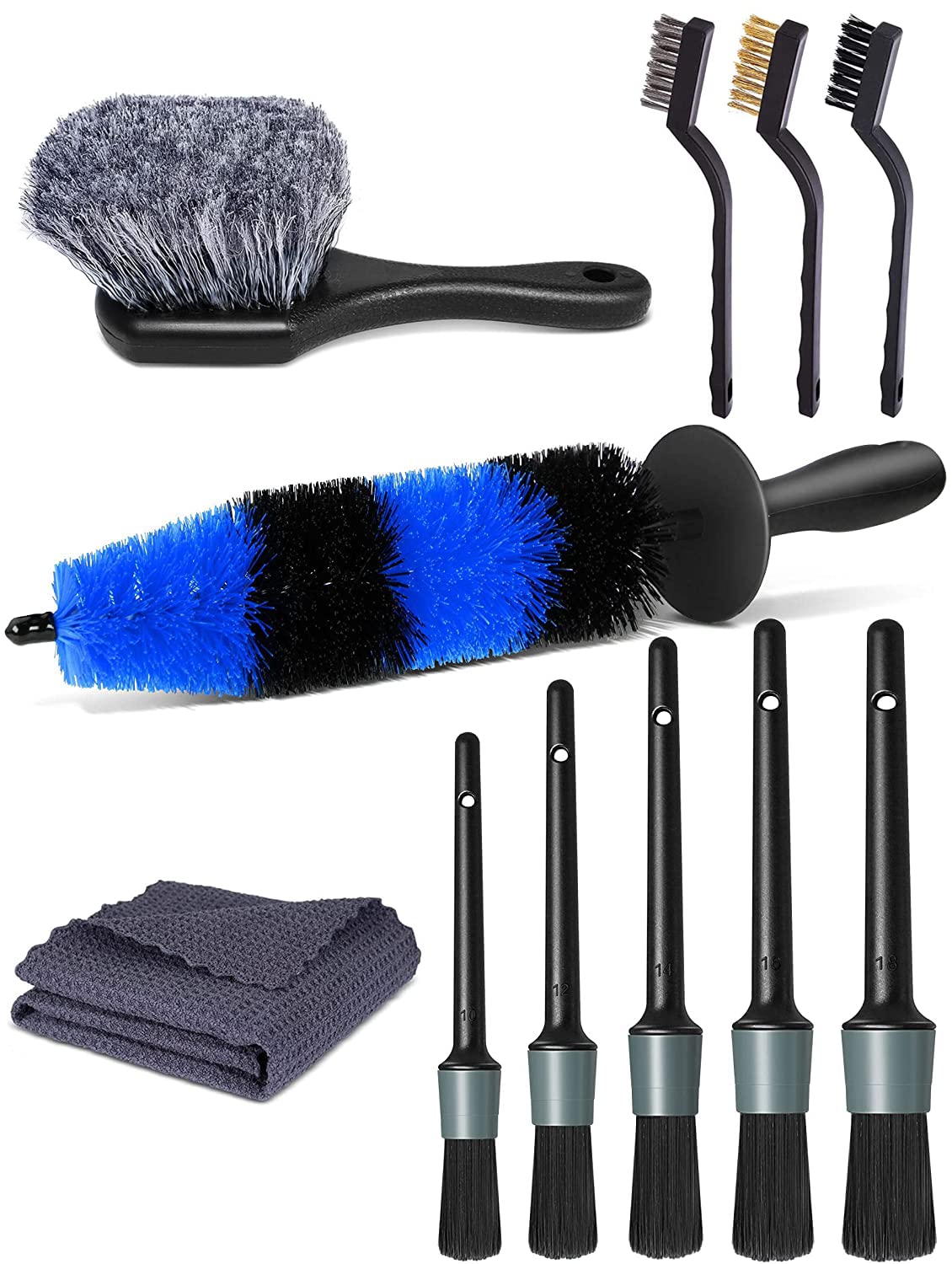 ZHAOXIAN Car Wheel Brush Set 11Pcs Wheel Tire Detailing Brush Set, 1Pc 17 Inches Long Rim Brush, 5Pcs Car Detailing Brushes Kit, 1Pc Short Handle Tire Brush, 3Pcs Wire Brushes, 1Pc Drying Towel