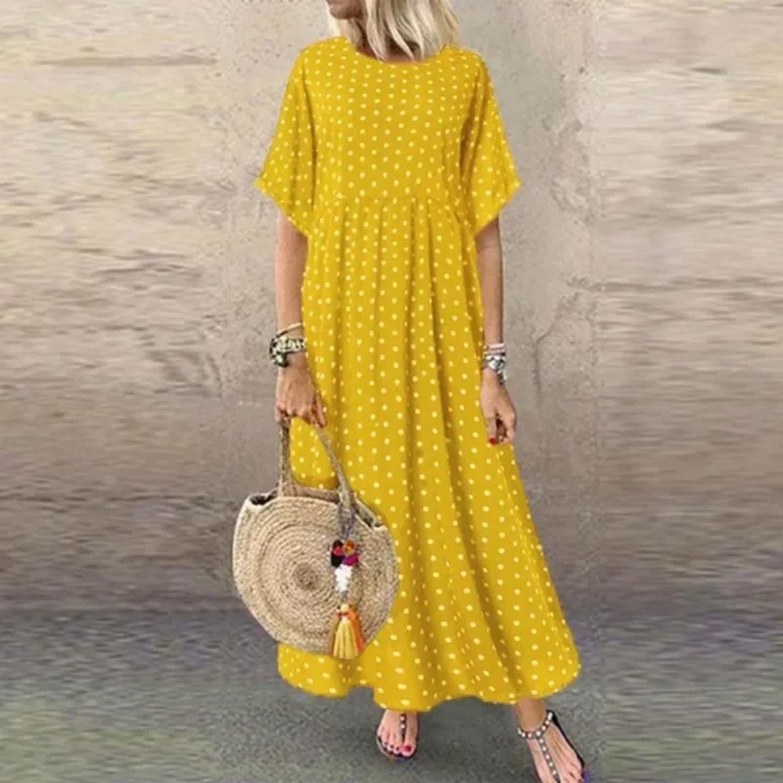 Abito Vintage Stampato Estate a Maniche Mezze Abito Largo Casual Donna Plus Size Vestito Lungo Grandi Vesti Vesti