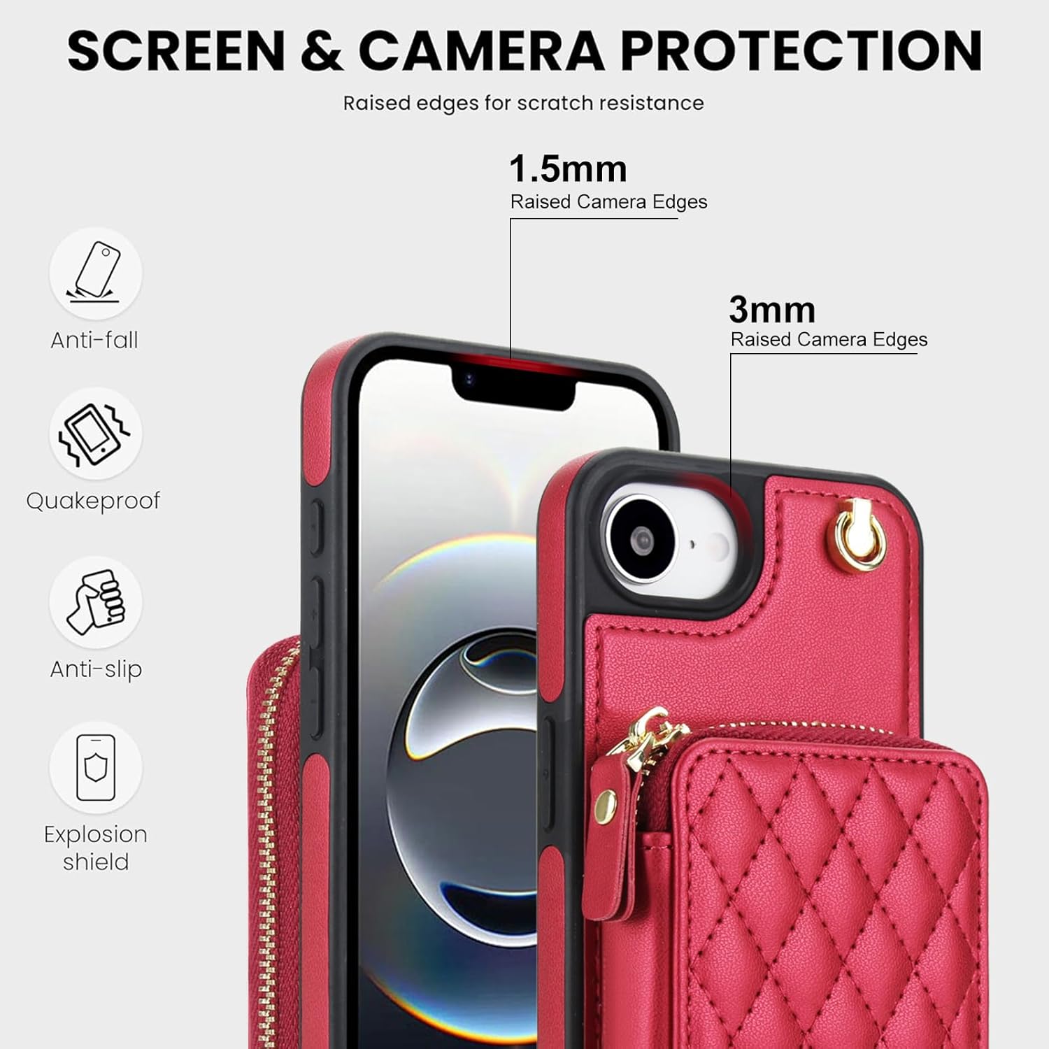 Wefor Compatible with iPhone 16e Wallet Case Crossbody for Women, Zipper Phone Case with RFID Blocking Card Holder Wrist Strap Purse (Red)