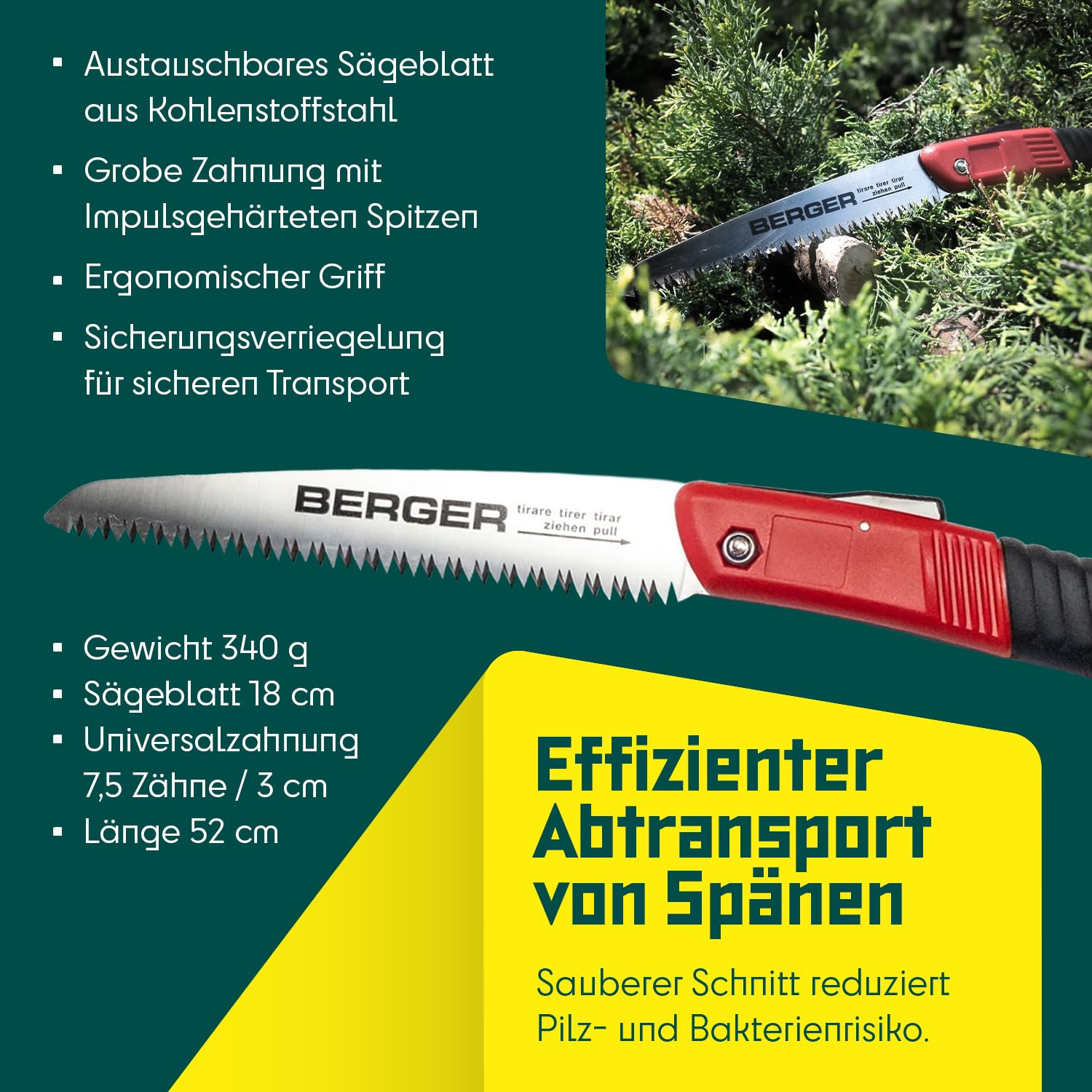 BERGER Klappsäge 64650 | 180 mm Handsäge Holz | Kleine Astsäge klappbar | Holzsäge mit grober Zahnung, Hochleistungssägeblatt & Sicherungsverriegelung | Baumsäge für Garten & Forst
