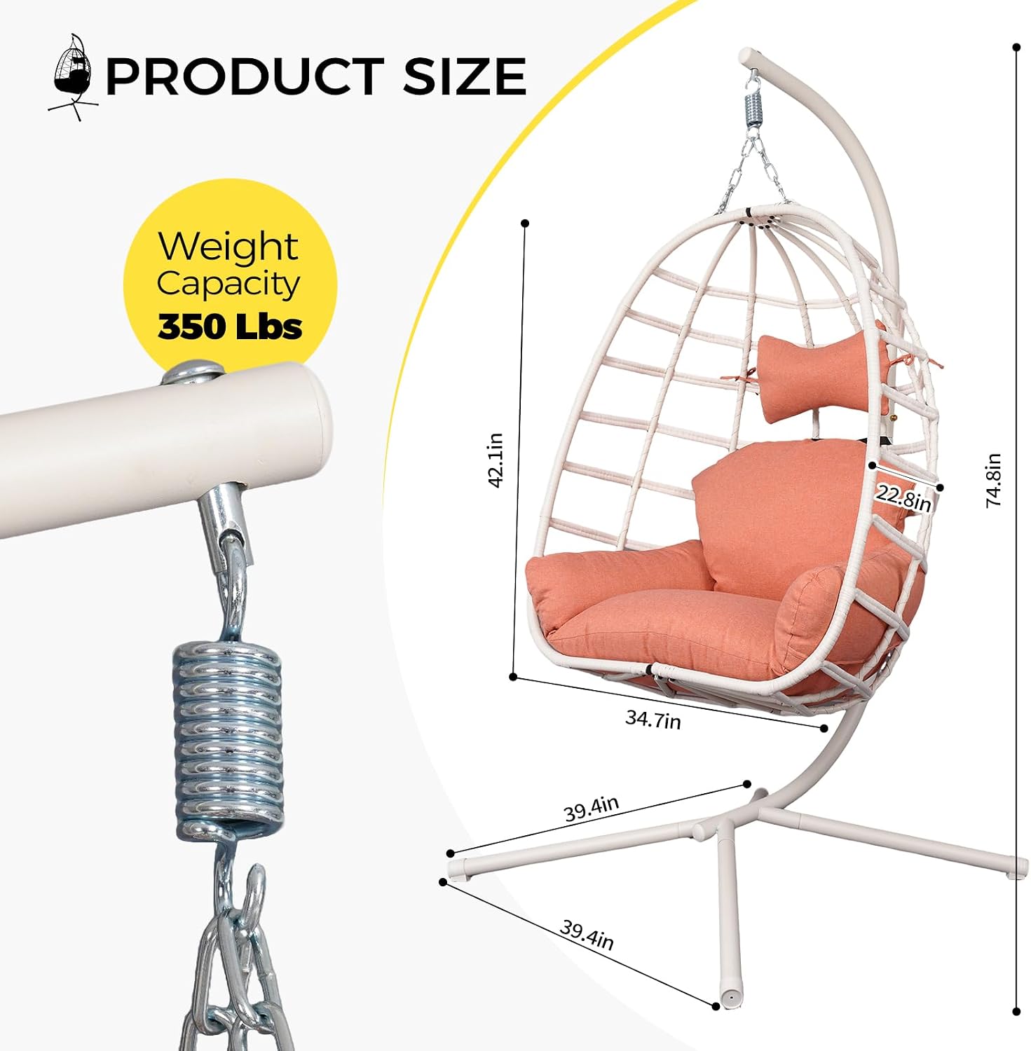 Hanging Egg Chair with Stand Outdoor Indoor Rattan Wicker Swing Hammock Chairs with Cushions & Headrest 350 lbs Capacity Egg Swing Chair for Patio Garden Balcony Bedroom (White with Orange)