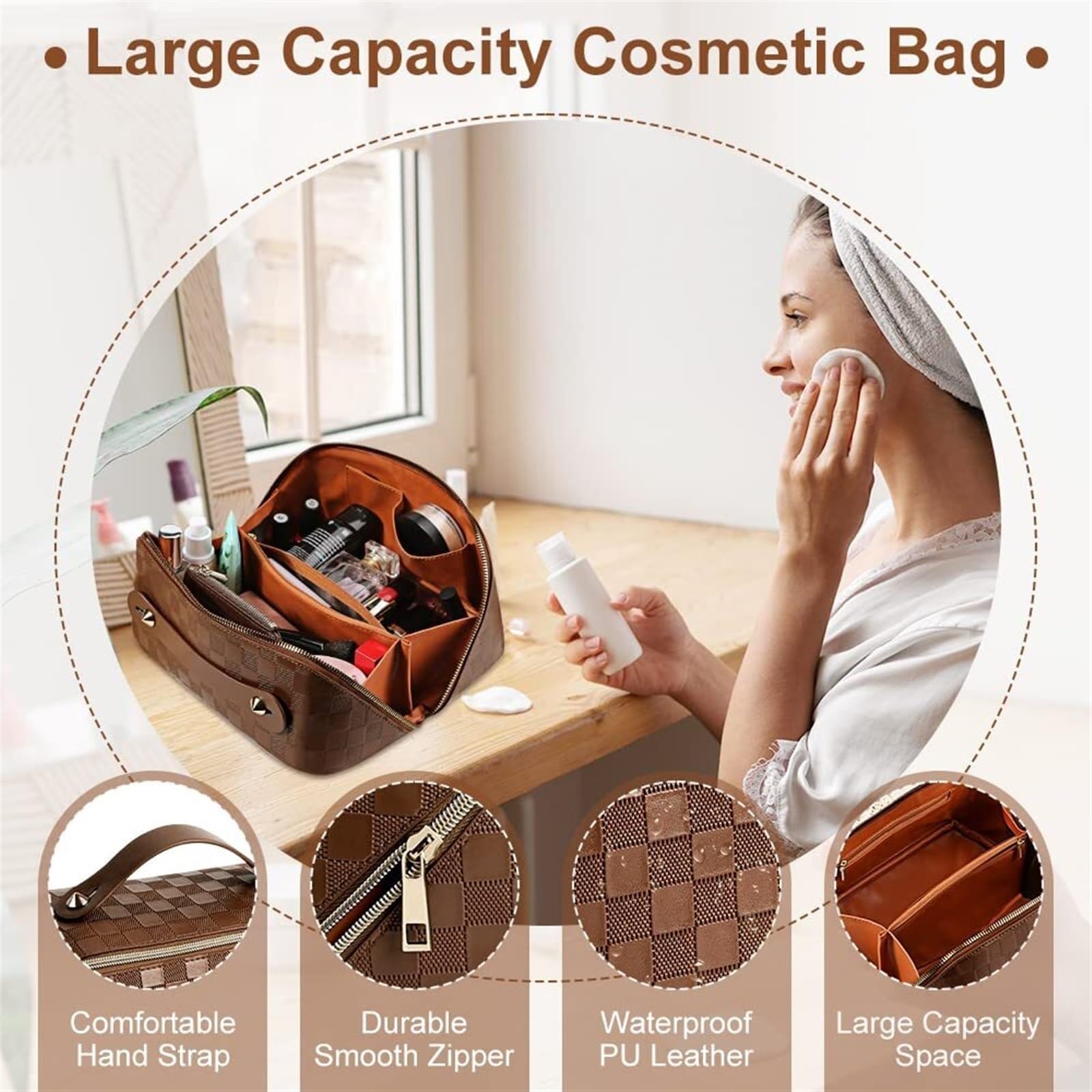 Kosmetiktasche Damen Reise-Kosmetiktasche, Kariertes Karo-Make-up-Tasche, Tragbares Leder Mit Griff Und Fächern Kulturbeutel(A)