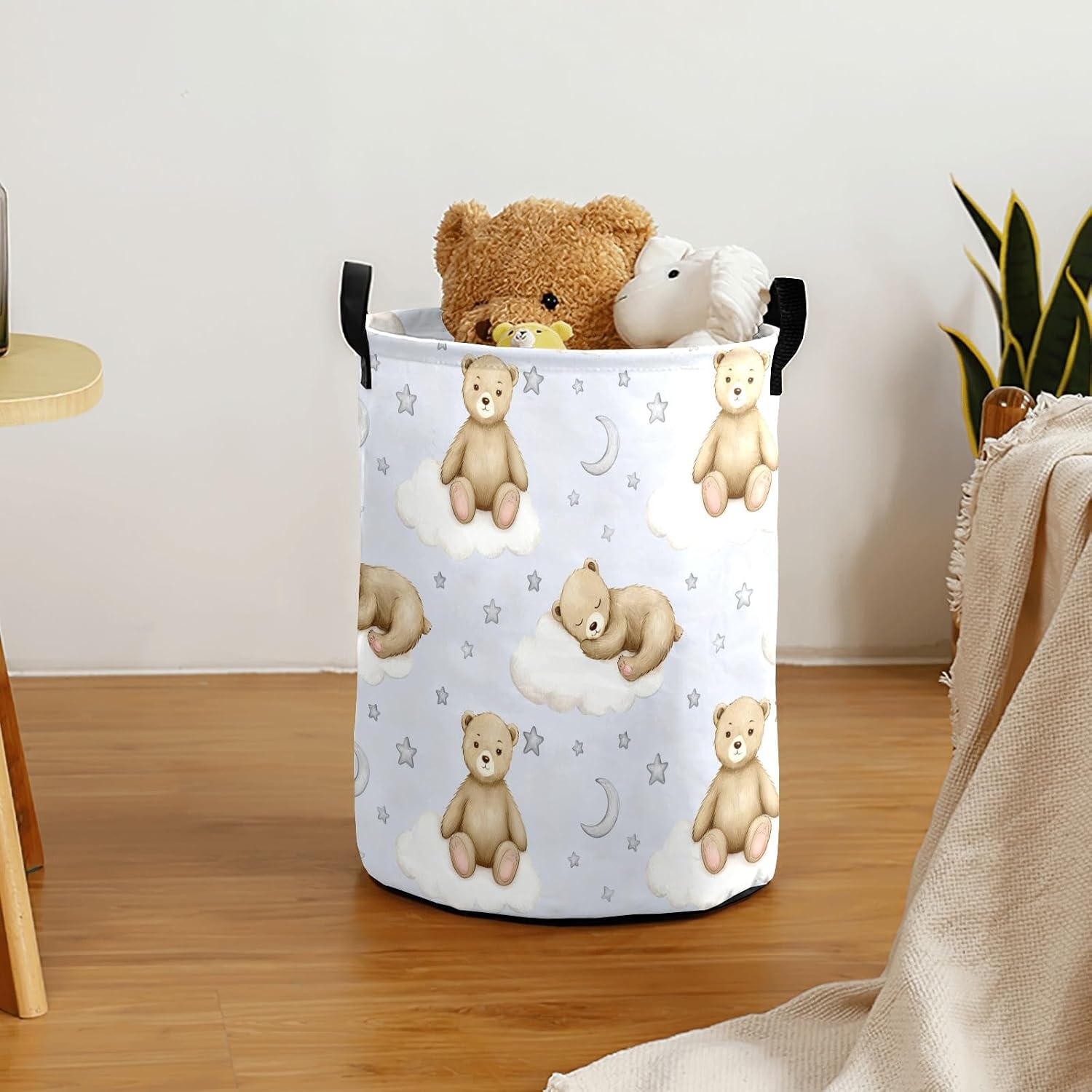 Watercolor Bear Moon Stars Storage Bin, Waterproof Oxford Fabric Clothes Basket Organizer for Laundry Hamper,Toy Bins,Gift Baskets, Bedroom, Clothes,Nursery