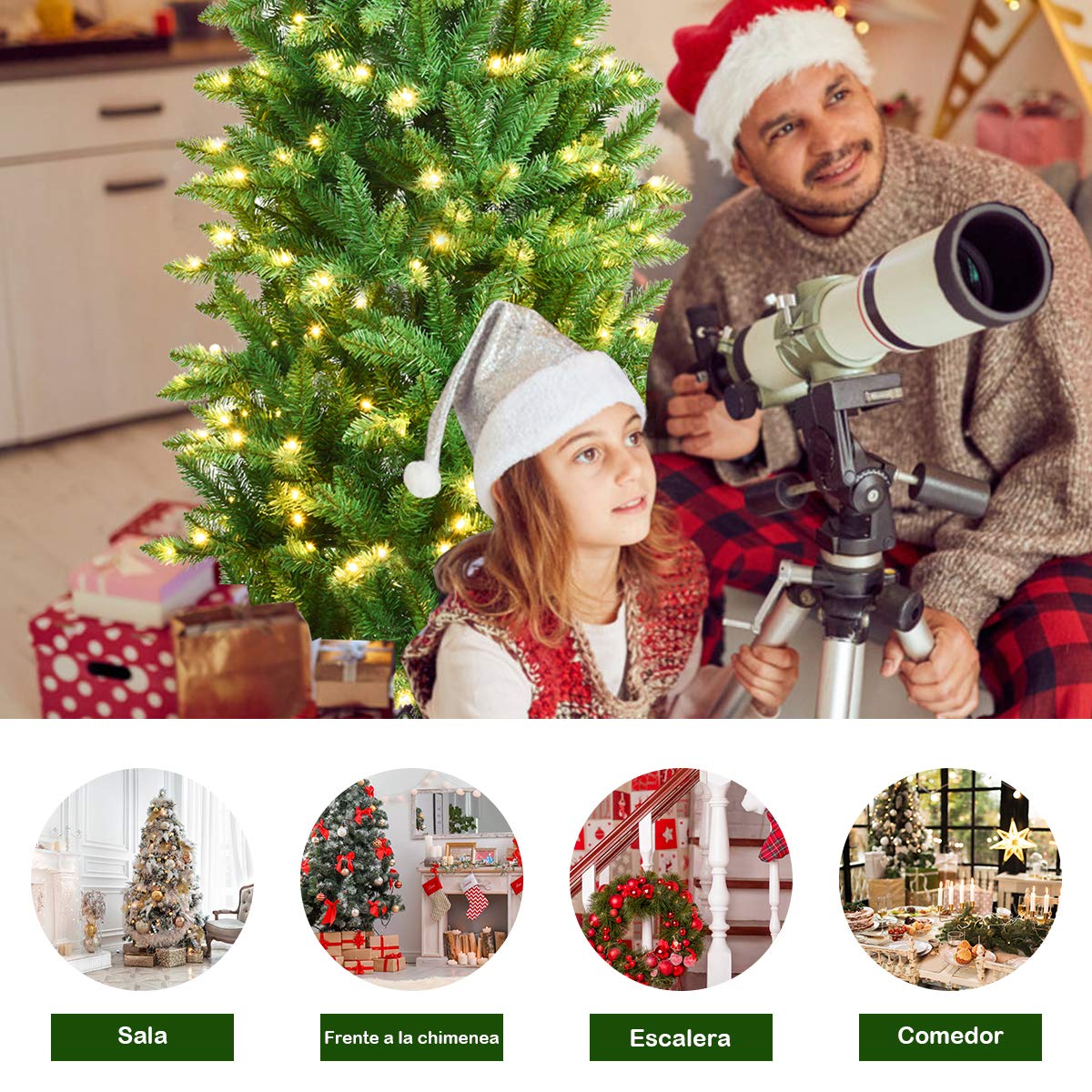 COSTWAY Árbol de Navidad 150cm Verde, Arbol de Navidad con Luces Incorporadas, 150 Luces LED de Blanco Cálido, 300 Agujas de PVC, Árbol de Navidad Slim/Estrecho, Soporte de Metal (150cm)