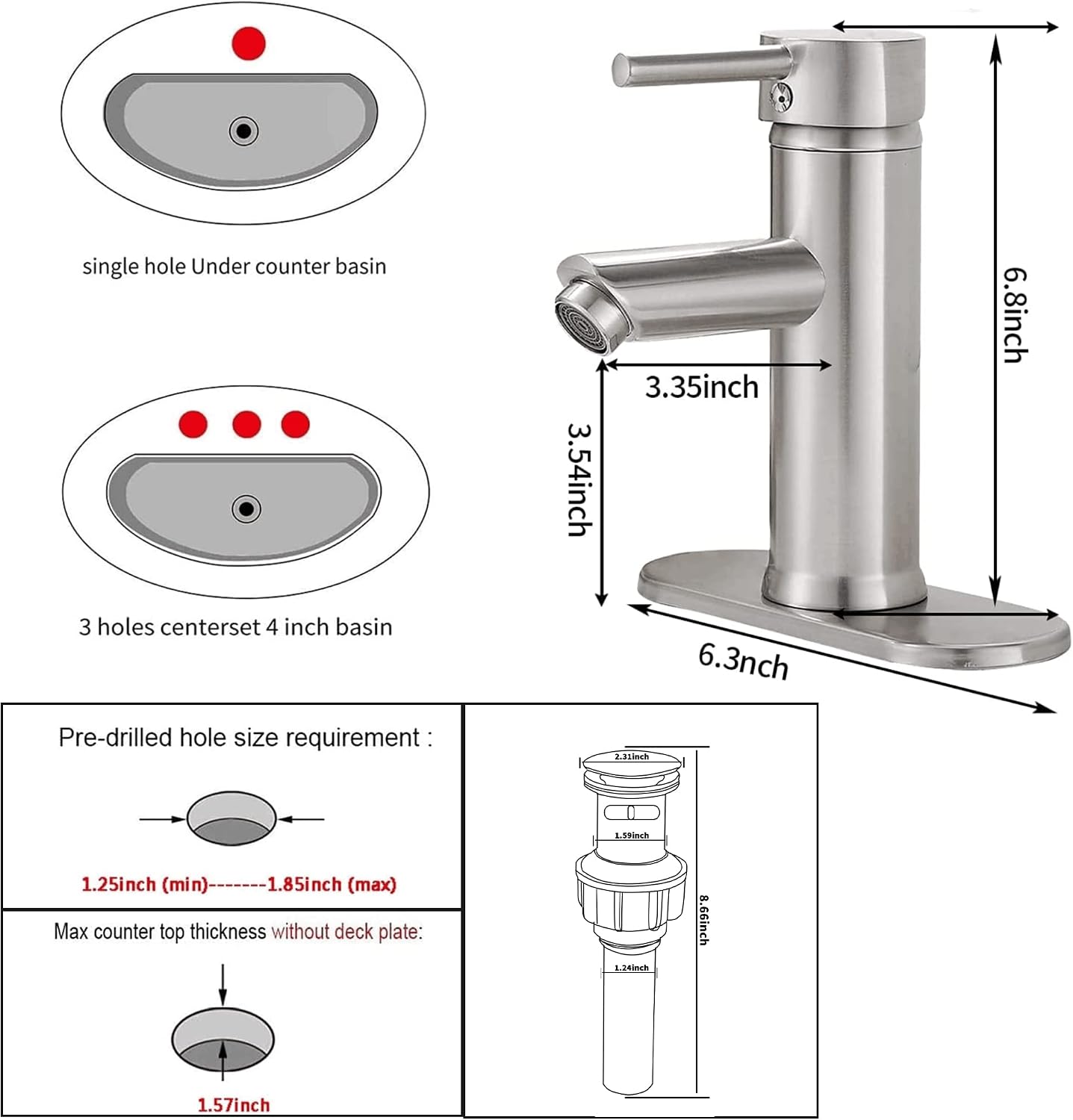 GGStudy Single Handle One Hole Bathroom Brushed Nickel Faucet Matching Pop Up Drain with Overflow Bathroom Vantity Faucet