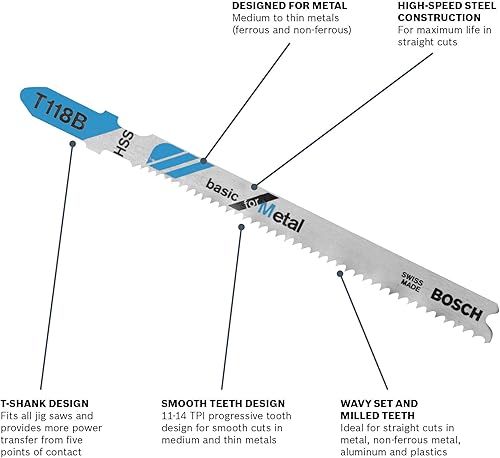 Miniatura 3 de BOSCH T118B 5-Piece 3-58 In. 11-14 TPI Basic para hojas de sierra caladora de metal con vástago en T