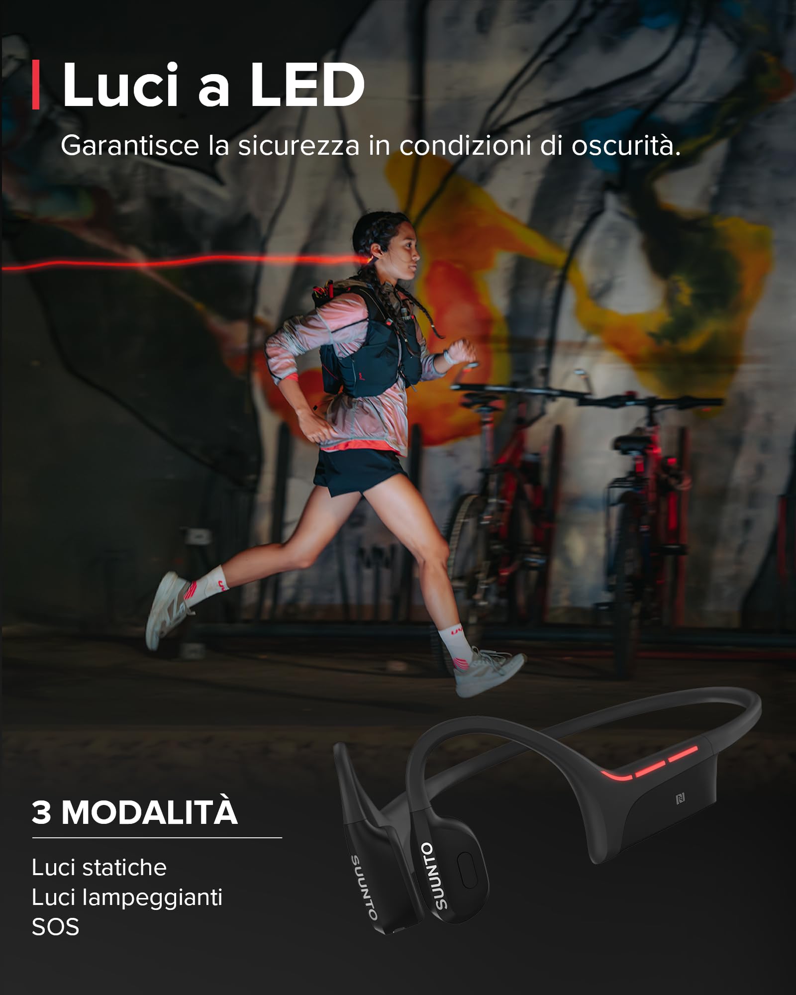SUUNTO Wing Cuffie Conduzione Ossea Senza Fili, Auricolari Sport Bluetooth 5.2 Wireless Open Ear Impermeabili IP67, Controllo del Movimento della Testa, Luce LED, Autonomia di 10 Ore, per Corsa