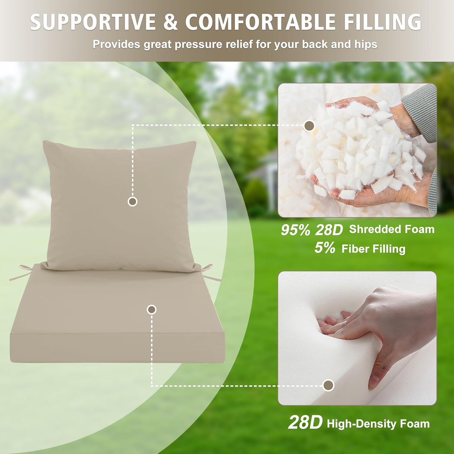 24x24 Inch Outdoor Cushions for Patio Furniture Set of 2, Waterproof Outdoor Chair Cushions w/Fade-Resistant, Removable & Machine-Washable Covers, Deep Seat Sofa/Couch Pad Replacement, Cream