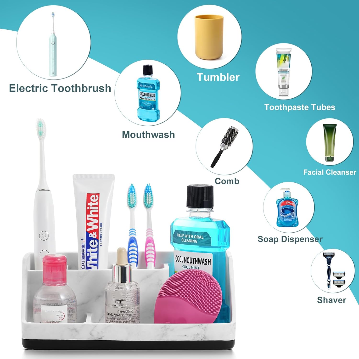 VITVITI Toothbrush Holder for Bathroom, Resin Bathroom Organizer Countertop Sink, Bathroom Counter Organizer Accessories 5 Compartment Storage for Toothpaste/Vanity, White Marble Color