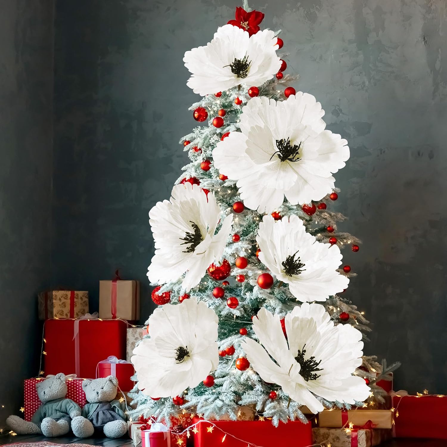Janinka 6 Pcs Extra Large Flowers 22'' 12'' White Magnolia Velvet Artificial Flowers Wedding Party Favors Large Artificial Poinsettia Ornaments for Wedding Bridal Shower Birthday Party