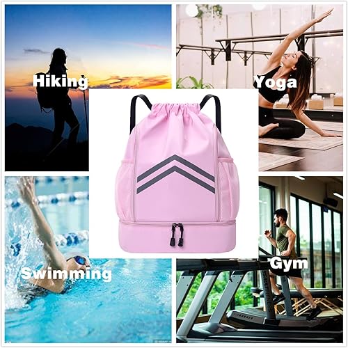 Miniatura 7 de Mochila deportiva con cordón, bolsa de gimnasio resistente al agua con compartimento para zapatos y bolsillos para botella de agua, bolsa con cordón