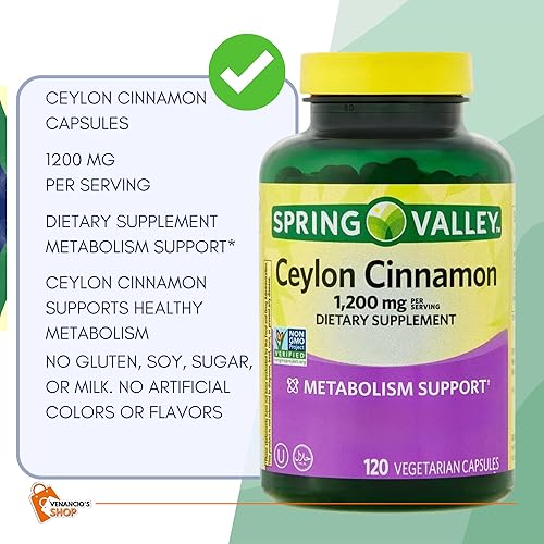 Miniatura 2 de Spring Valley Cápsulas de canela de Ceilán de 1200 mg cápsulas, apoya el metabolismo, pastillas sin OMG y sin gluten + incluye adhesivo