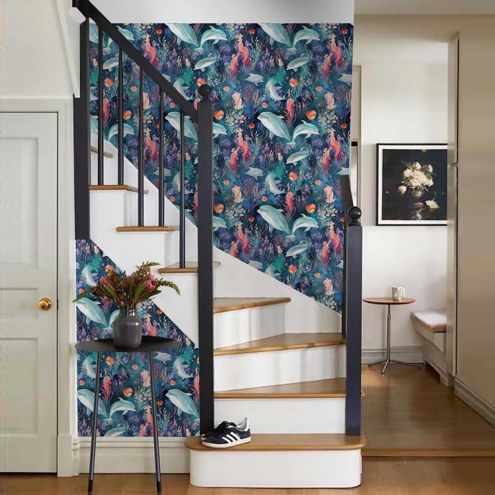 18"x236" Watercolor Under The sea Dolphin Seaweed Coral Peel and Stick Self Adhesive Wallpaper Removable Stick on Easy Peel Off Wall Paper for Kitchen Bedroom Bathroom Renter