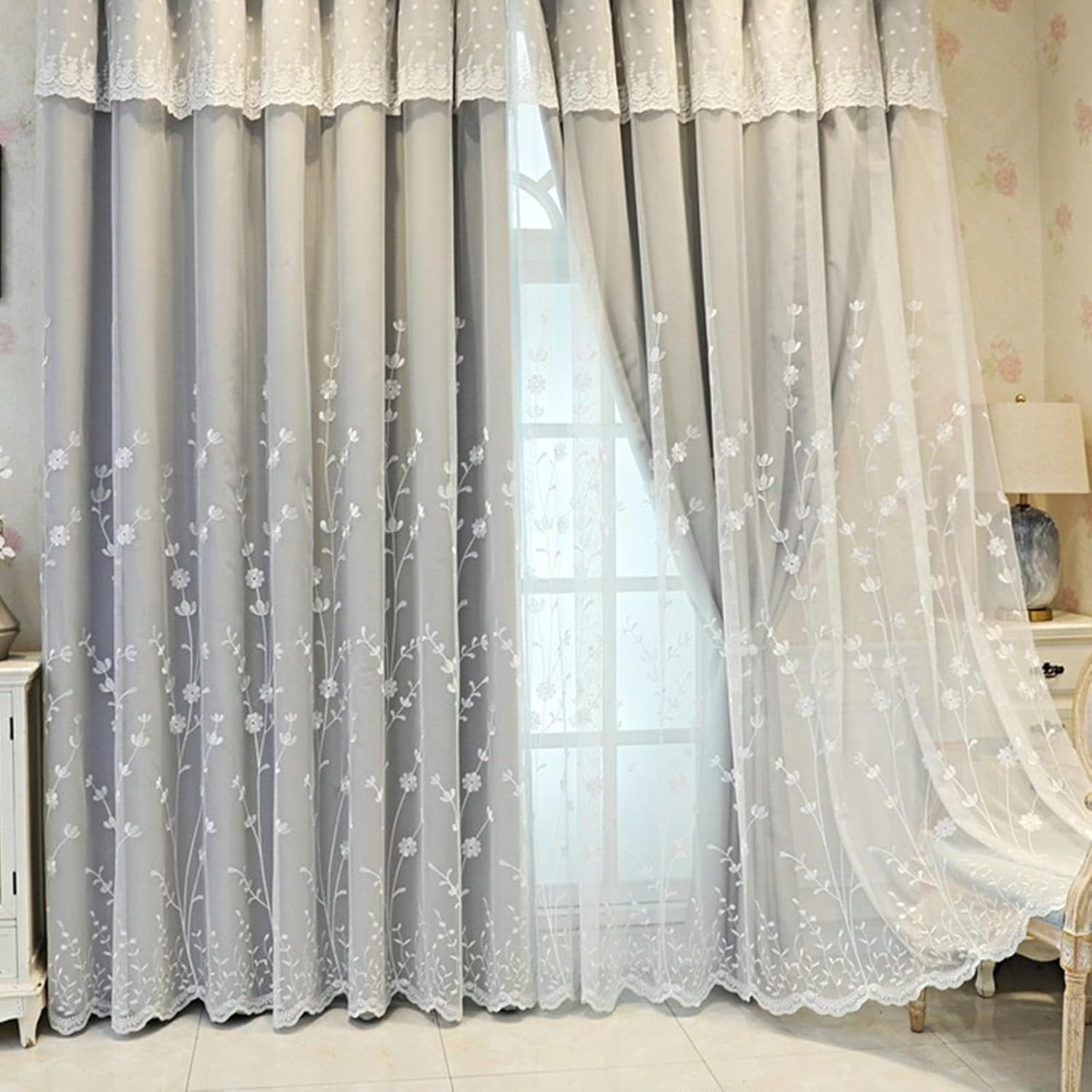 Blackout Curtain 2 Panels Set 54 inch Long, Thermal Insulated Blackout Curtains Eyelets Double Layer Solid Color Embroidered Flowers Curtain Window Treatment Light Grey, 42 x 54 Inch