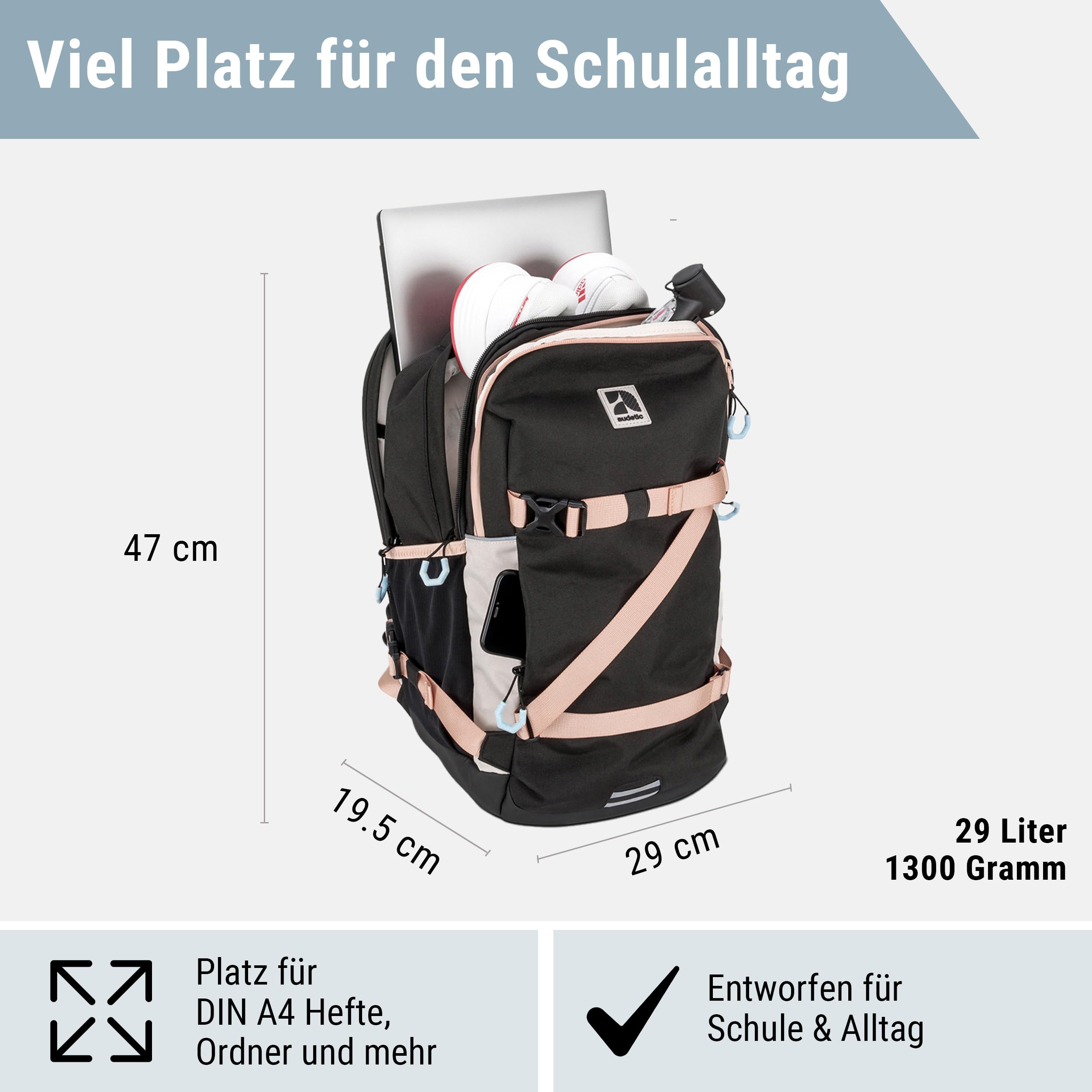 Audetic Schulrucksack Mädchen Teenager Schwarz Rosa - Cosmo - Schulranzen für Klasse 5 - Ergonomische Schultasche mit vielen Fächern für Schule & Freizeit - Wasserabweisend