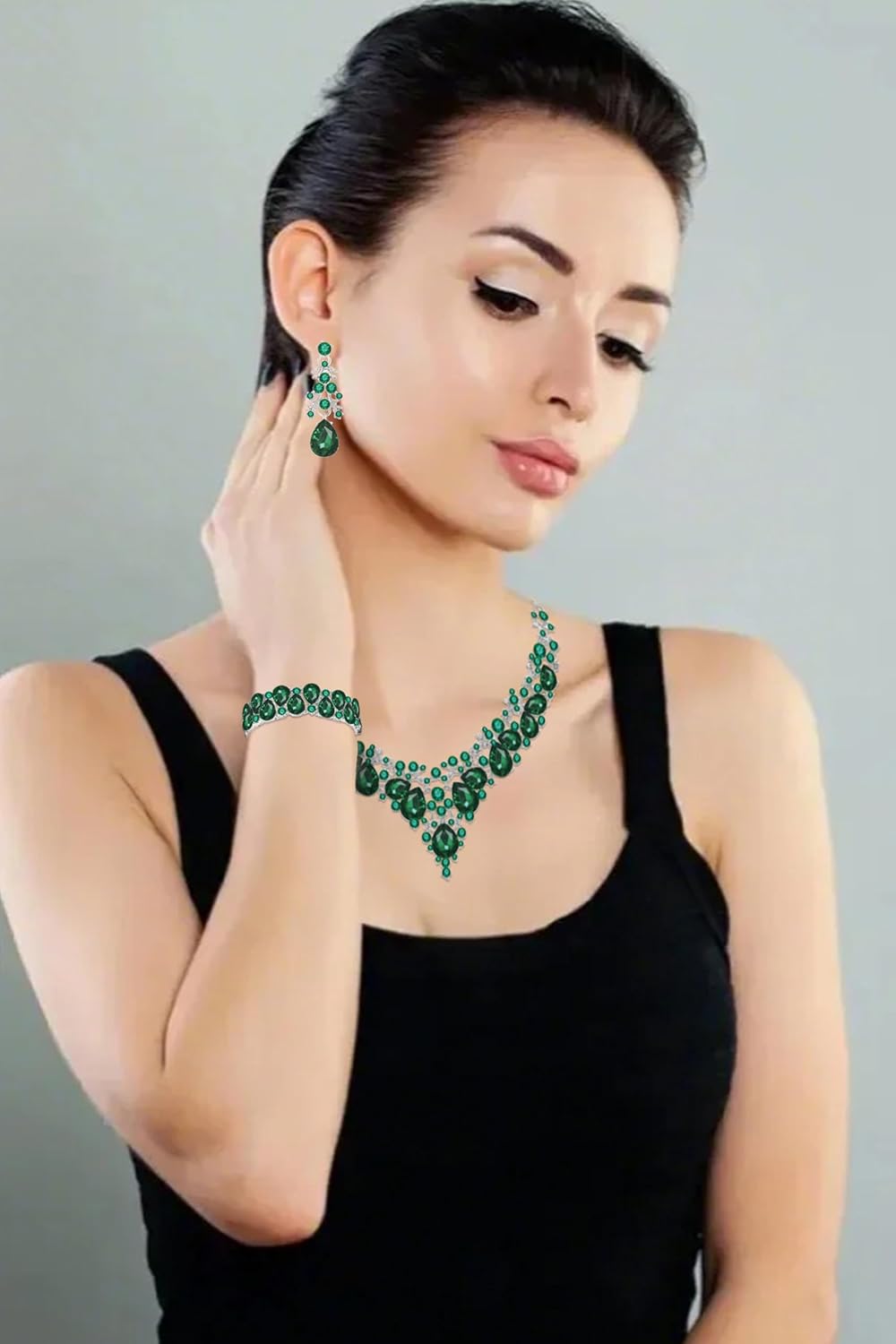 Elegant Bridal Wedding Jewelry Set for Women/Brides/Bridesmaids Teardrop Crystal Leaf Cluster Jewelry Set for Wedding Prom Party Bridal Bridesmaids Rhinestone Crystal Necklace Earrings Bracelet Set - Image 3