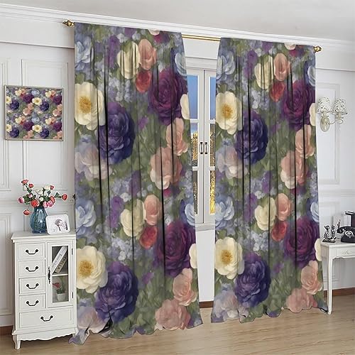 Miniatura 325 de Retro 70s Floral Blackout Window Curtains, Watercolor Flower Plant Rustic Modern Style Pattern Window Drapes, for Bedroom Living Room 42x45in 2
