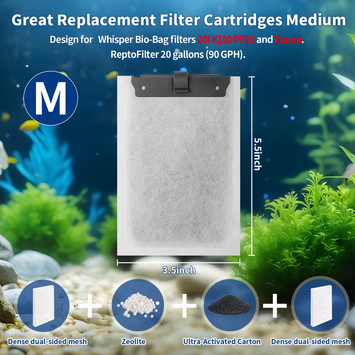 Paquete de 10 cartuchos de filtro de acuario medianos compatibles con filtros de alimentación Tetra Whisper Bio-Bag para filtros de alimentación Tetra ReptoFilter 10i IQ10 PF10, filtros de