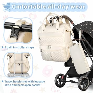 RAINSMORE Baby Changing Bag Backpack Multifunction Nappy Bag with Portable Changing Mat Baby Diaper Bags Large Travel Pram Bag for Mom & Dad-White