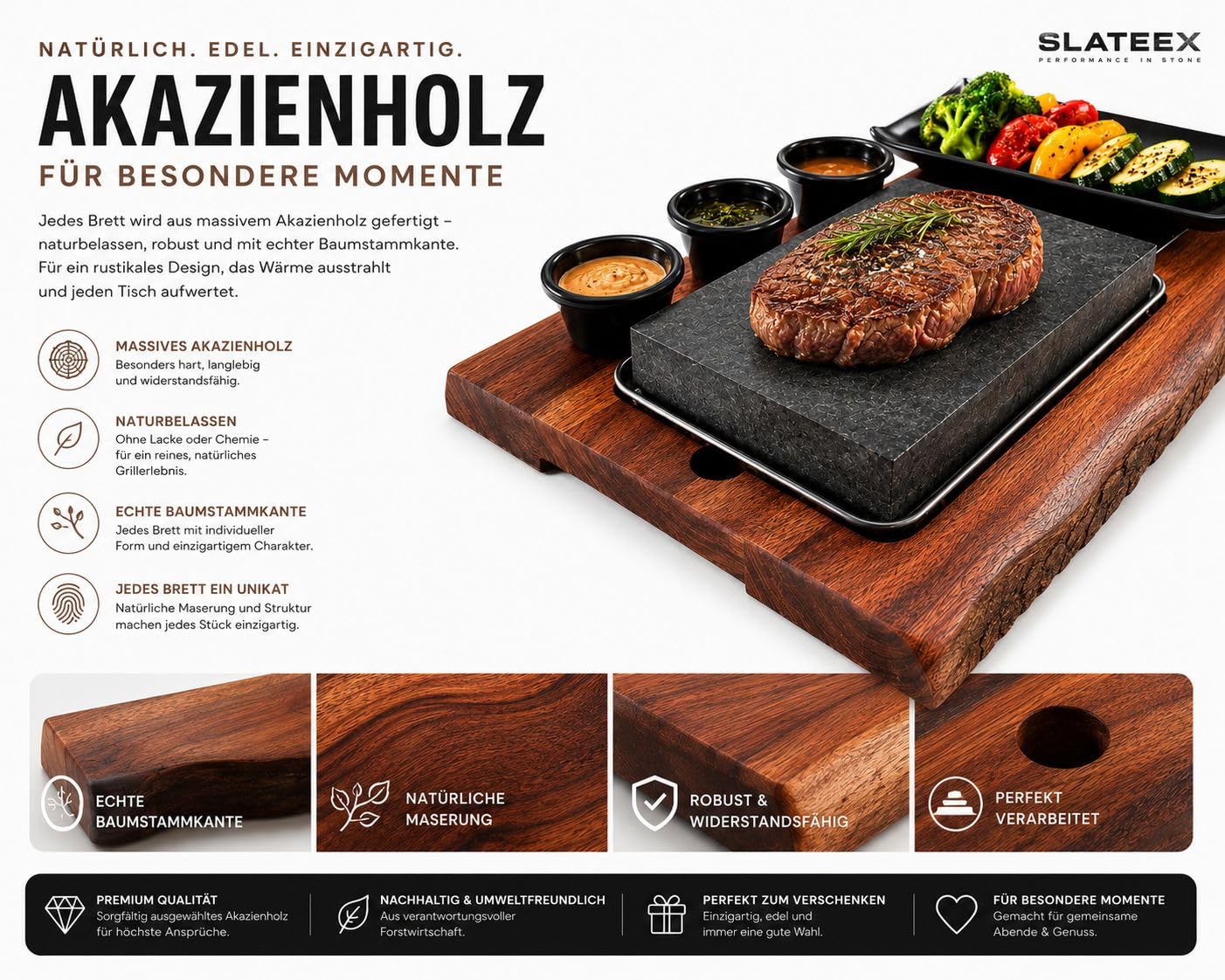 Heißer Stein Steak Set mit Akazienholzbrett – Lavastein zum Grillen am Tisch, Steakstein mit Edelstahlschale & 3 Dip-Schalen, Hot Stone Grill für Steak & Fleisch