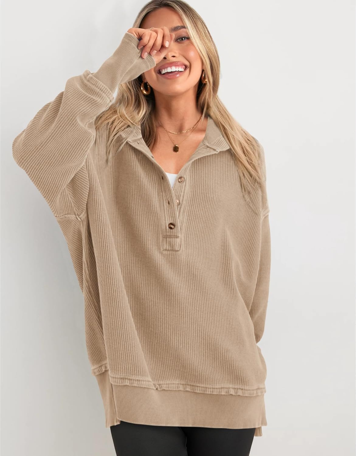 PRETTYGARDEN Womens Fashion 2026 Oversized Long Sleeve Hoodie Button Down V Neck Sweatshirt Side Slit Casual Pullover Tops - Image 3