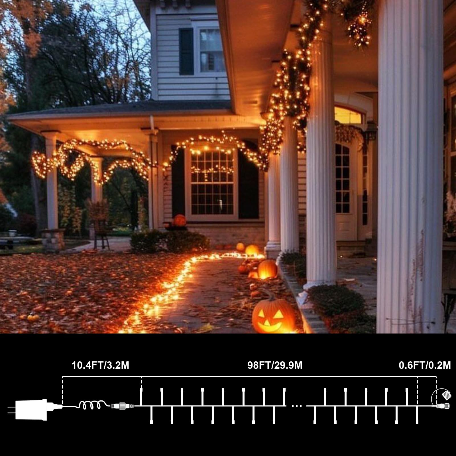 LAMPHOME 30 m di luci per Halloween, 300 LED trasparenti, filo stellato con spina, 16 modalità di illuminazione per interni ed esterni, albero di Natale, decorazione per feste di nozze (arancione)