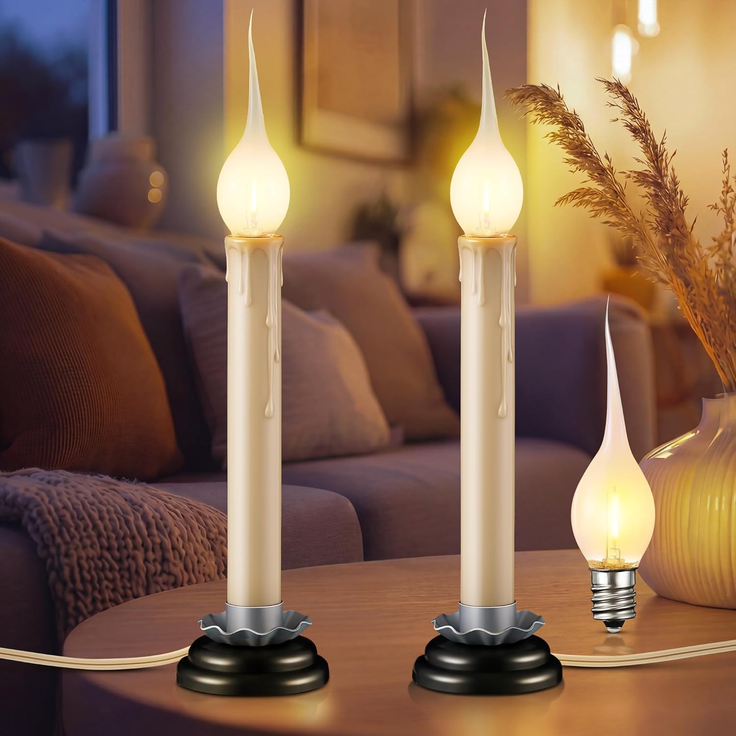 Enhon 2 Pack Electric Window Candle Lights, 7 Inch Christmas Window Candles Plug in with LED Silicone Bulb, 120V C7 0.6W Warm White Country Rustic Candle Light with 5 FT Cord and On/Off Switch