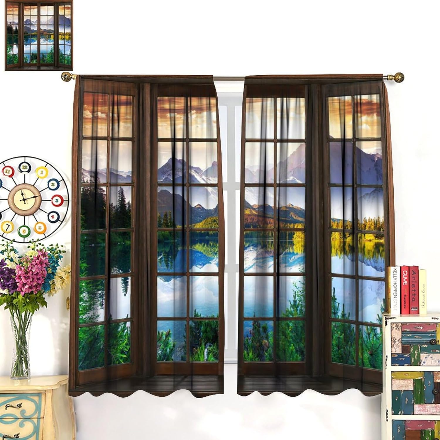 Natural Lake Blackout Curtains, 3D Printed Window View at Sunrise, Bedroom Living Room Kitchen Rod Pocket Curtains42X63 Inch