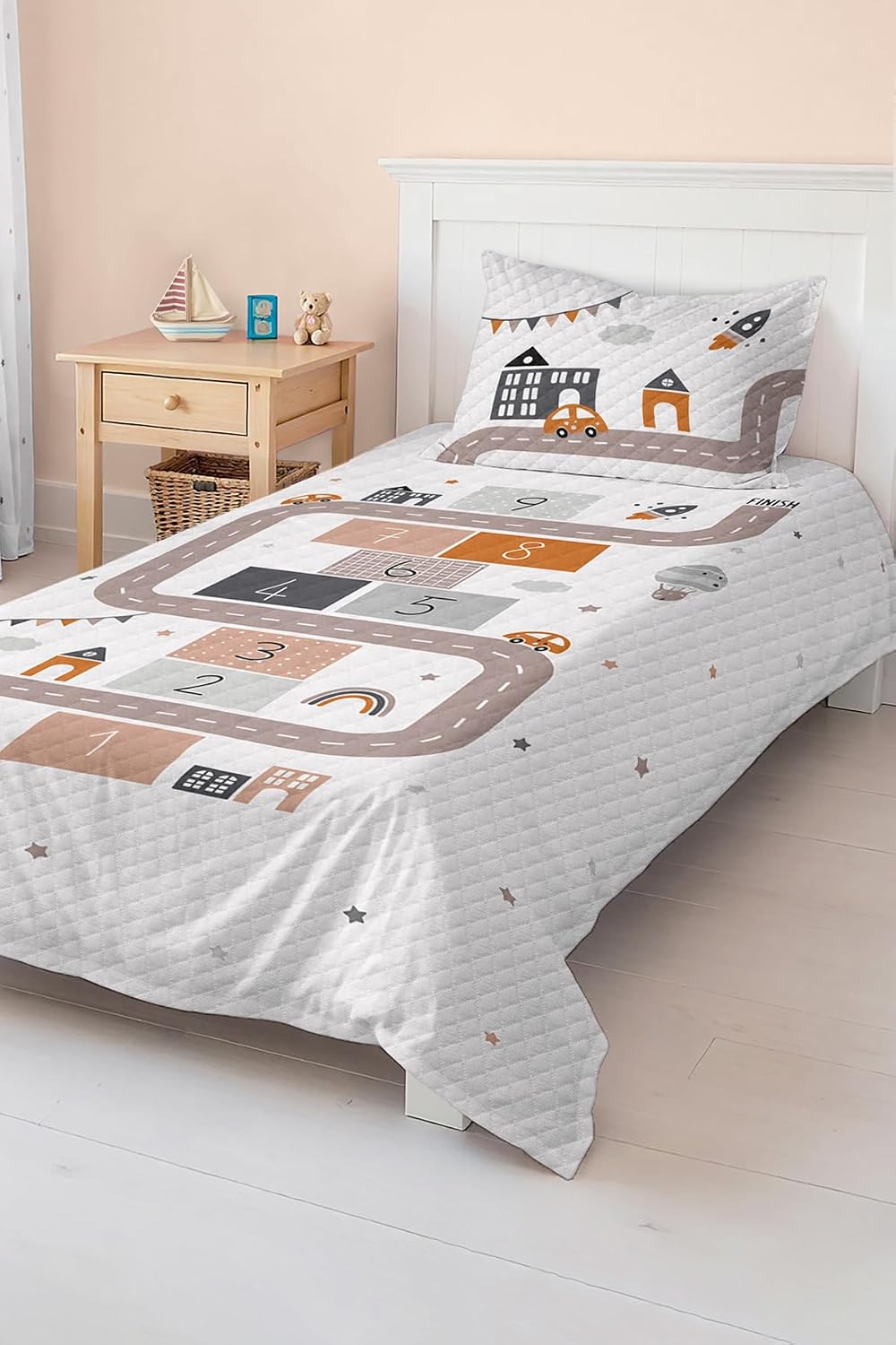 SODEF Bedding Set Kids Room Car and Road Patterned Lightweight Quilt Set, Breathable Cotton Polyester Blend, Includes Quilt and Pillowcase, Twin Size - Multicolor, One Size