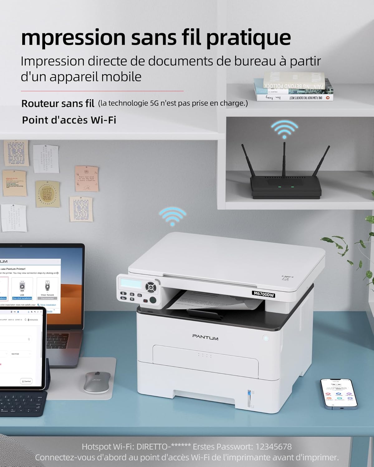 PANTUM M6700DW printer connected wirelessly to a laptop, tablet, and smartphone.