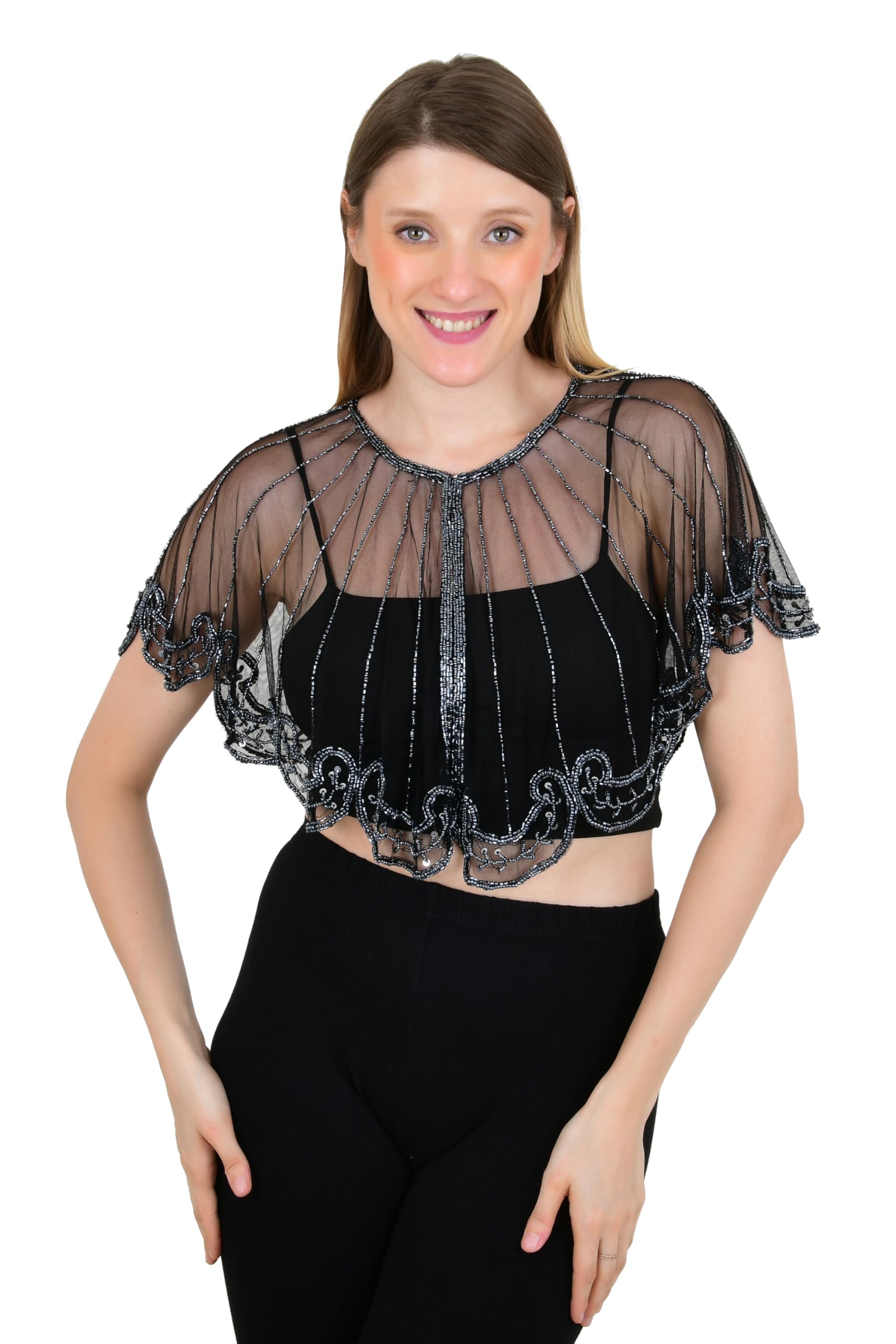 Elegant High Class Wedding Party Club Wear Net Fabric Material Short Hand Beads Embroidery Work Poncho Blouse Top Shrug Free Size Style Dress Saree Cover Up Black With Grey Beads Front Open Style-picture-36