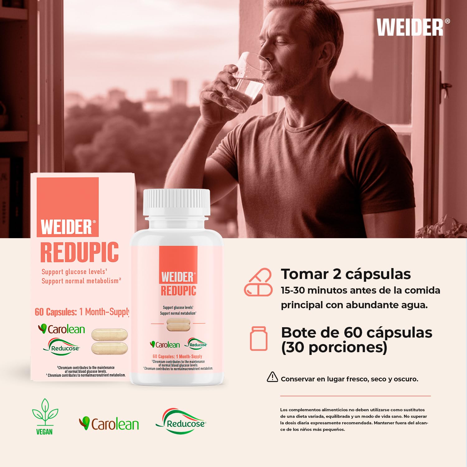 Weider Redupic (60 cápsulas) Ayuda a regular los niveles de glucosa y el apetito | con extractos naturales de Algarrobo y Nopal (Carolean™) y Morera blanca (Reducose®), con Cromo, 30 porciones