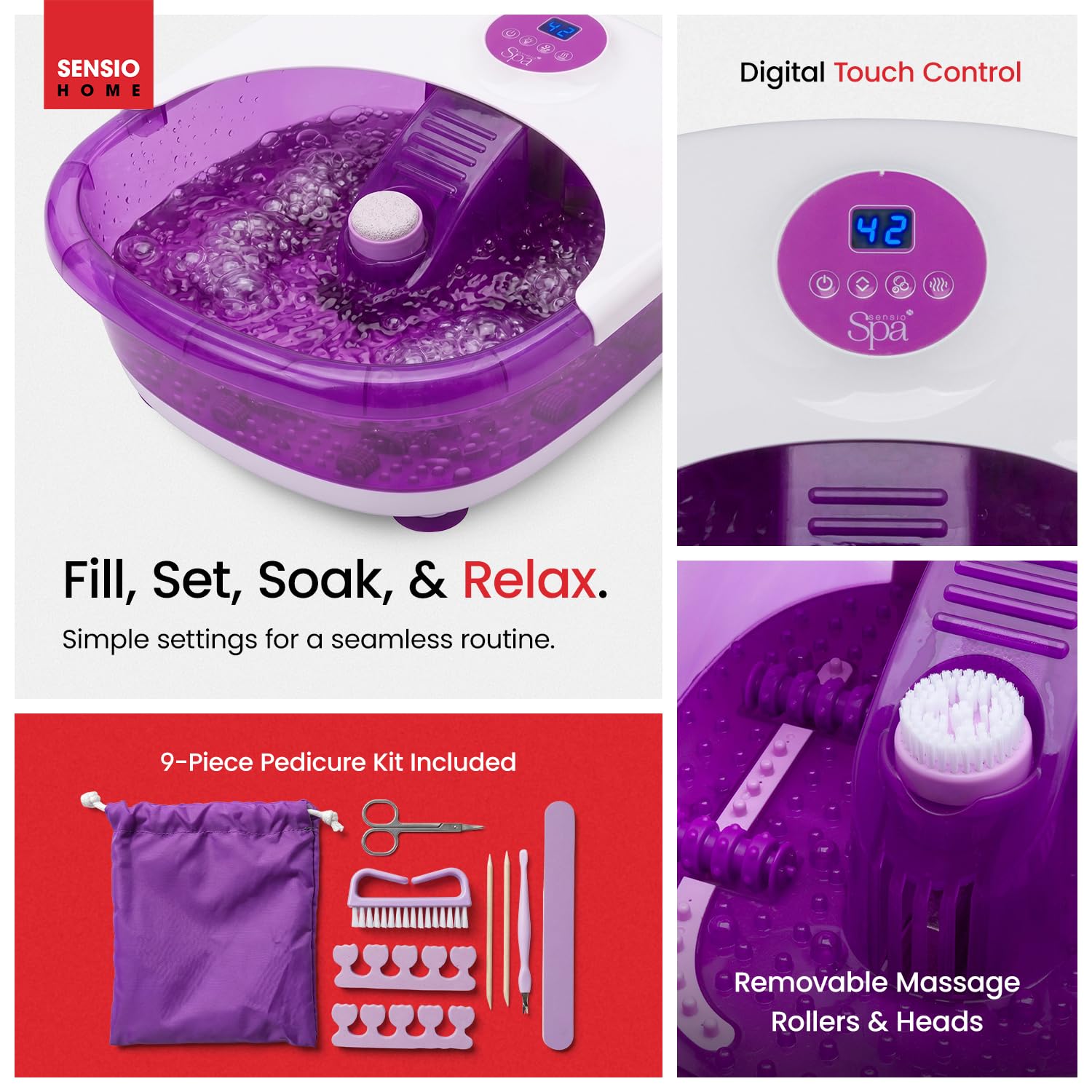 Sensio - Masajeador de pies de lujo para spa y pedicura, control digital de temperatura con pantalla táctil, nueve pedicura más tres accesorios de masaje, mima tus pies con calor, burbujas y