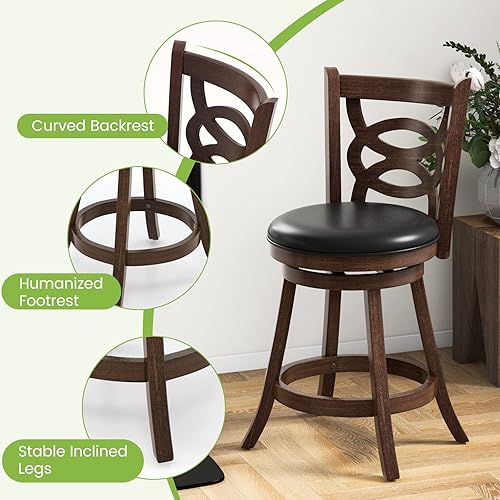 Miniatura 9 de ERGOMASTER Juego de 2 taburetes de bar giratorios color marrón, altura de mostrador, silla de bar de 24 pulgadas