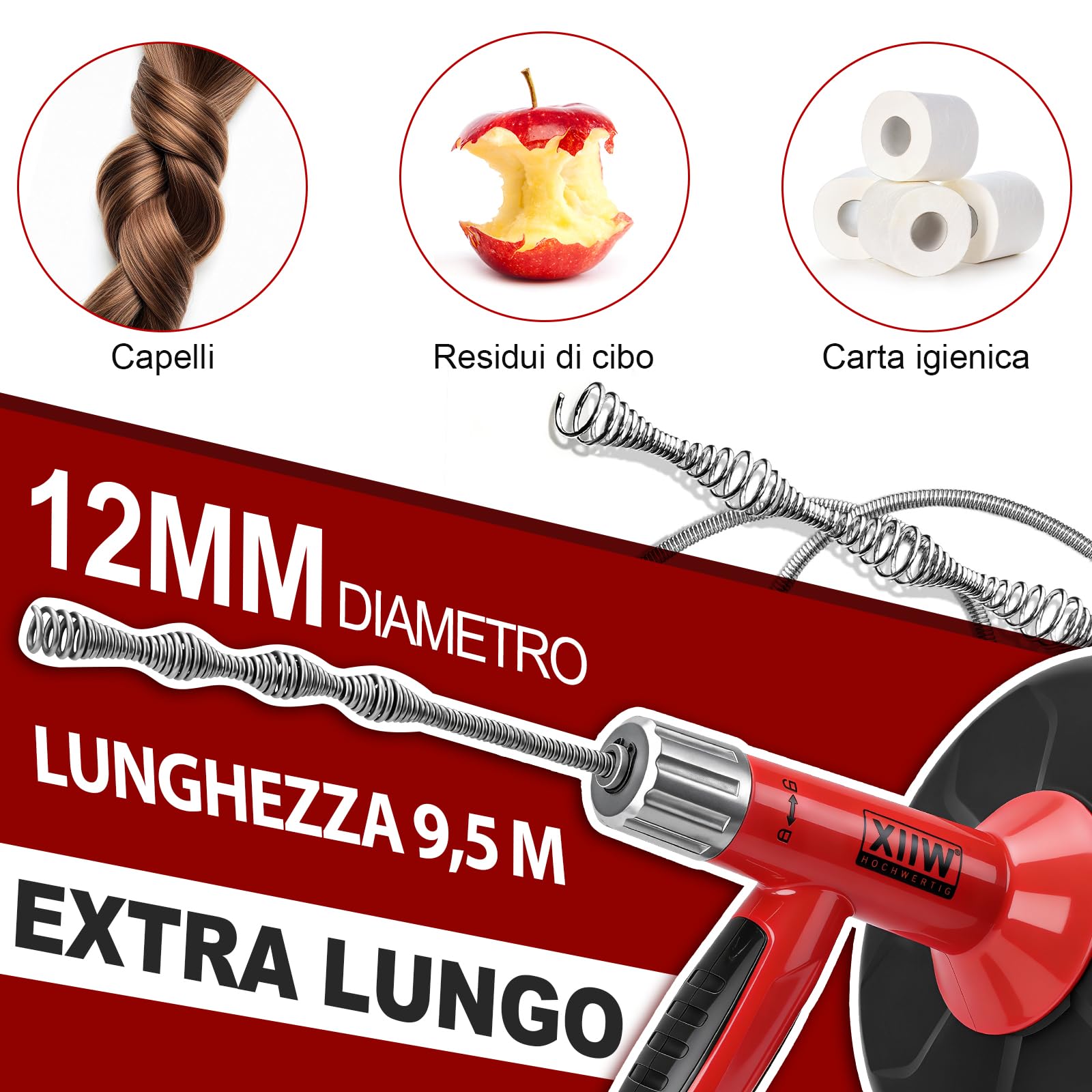 XIIW Sonda Sturatubi 2 in 1 Manuale/Elettrico | Spirale 9.5m | Adattatore per Trapano | Pulitore Scarichi per Lavandini, Box Doccia, Cucina e Pavimento – Include Guanti, Occhiali, Borsa Trasporto | Spulitore a spirale per scarichi intasati, ecologico, a s