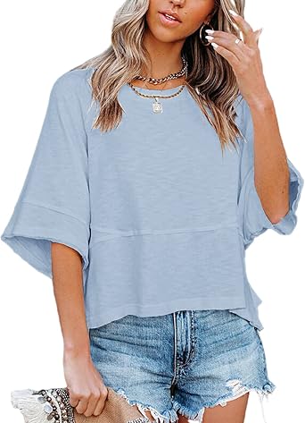 Sovelen Women's Summer Casual Crewneck Batwing Half Sleeve T-Shirts Solid Color Loose Fit Cute Basic Flowy Tops Tees Blouses