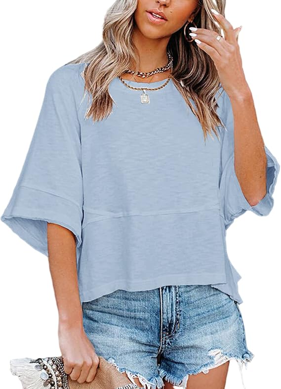 Sovelen Women's Summer Casual Crewneck Batwing Half Sleeve T-Shirts Solid Color Loose Fit Cute Basic Flowy Tops Tees Blouses
