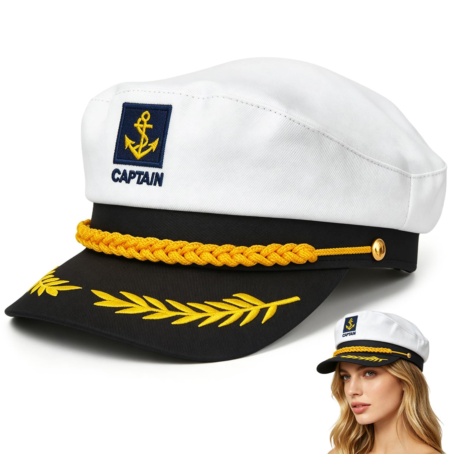 WADUBI Adjustable Captain Hat for Adults - Navy Marine Sailor Cap with Gold Embroidery and Structured Brim for Cosplay, Nautical Themed Parties, And Costume Events