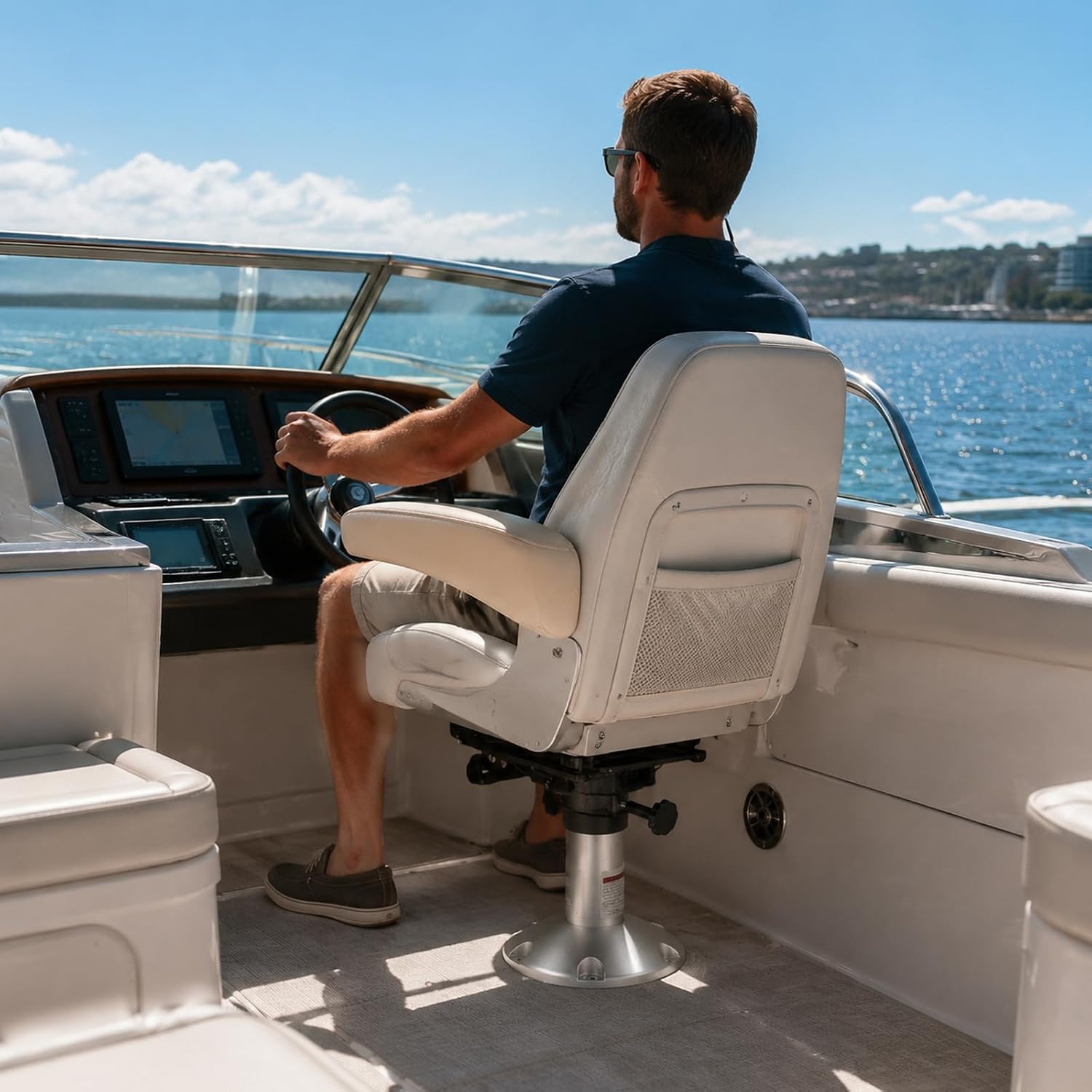 17-24 Inch Adjustable Boat Seat Pedestal, 360° Swivel Lockable Aluminum Marine Seat Base, Polished Silver Universal Mount for Fishing Boats and Marine Vessels