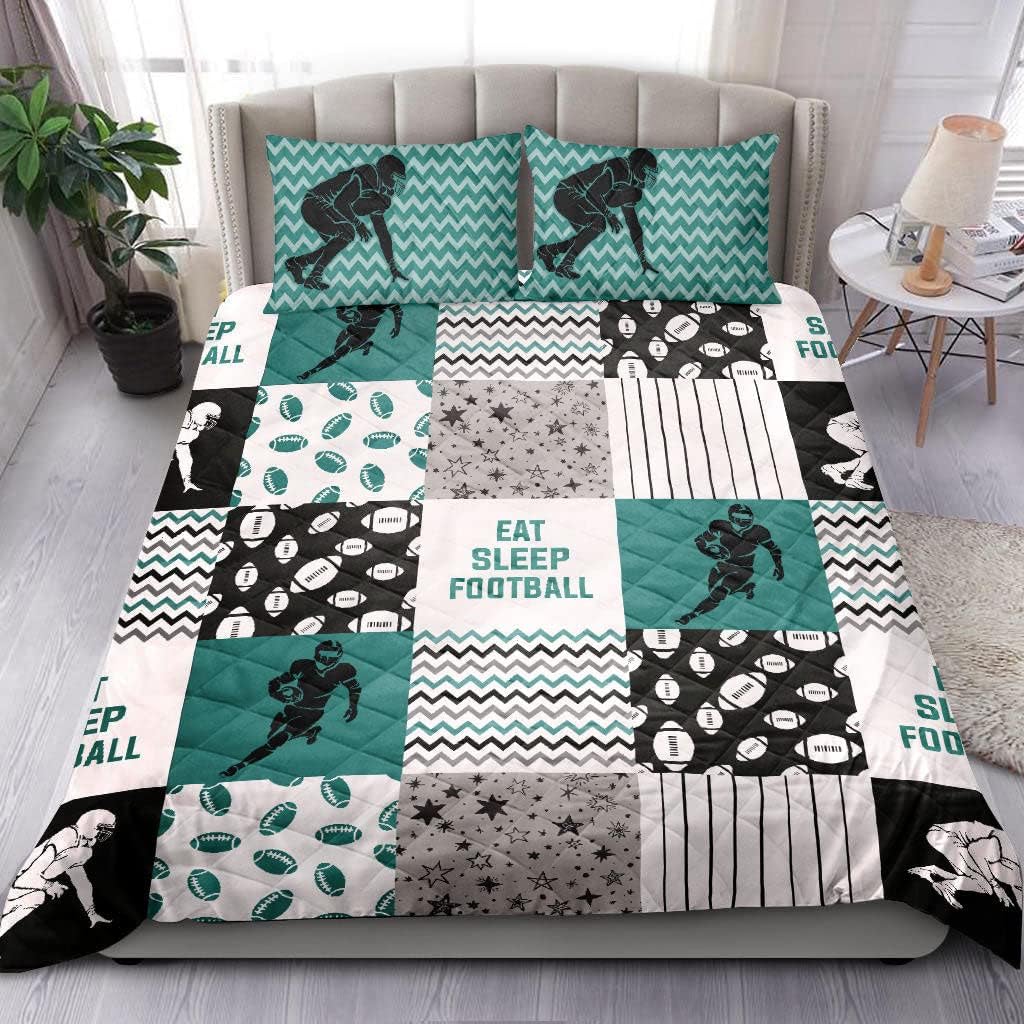 Football Quilt Set, America Football Boy Eat Sleep Football Patchwork Green Quilt Blanket with Pillowcases, Quilt Bedding Set MLANH1508