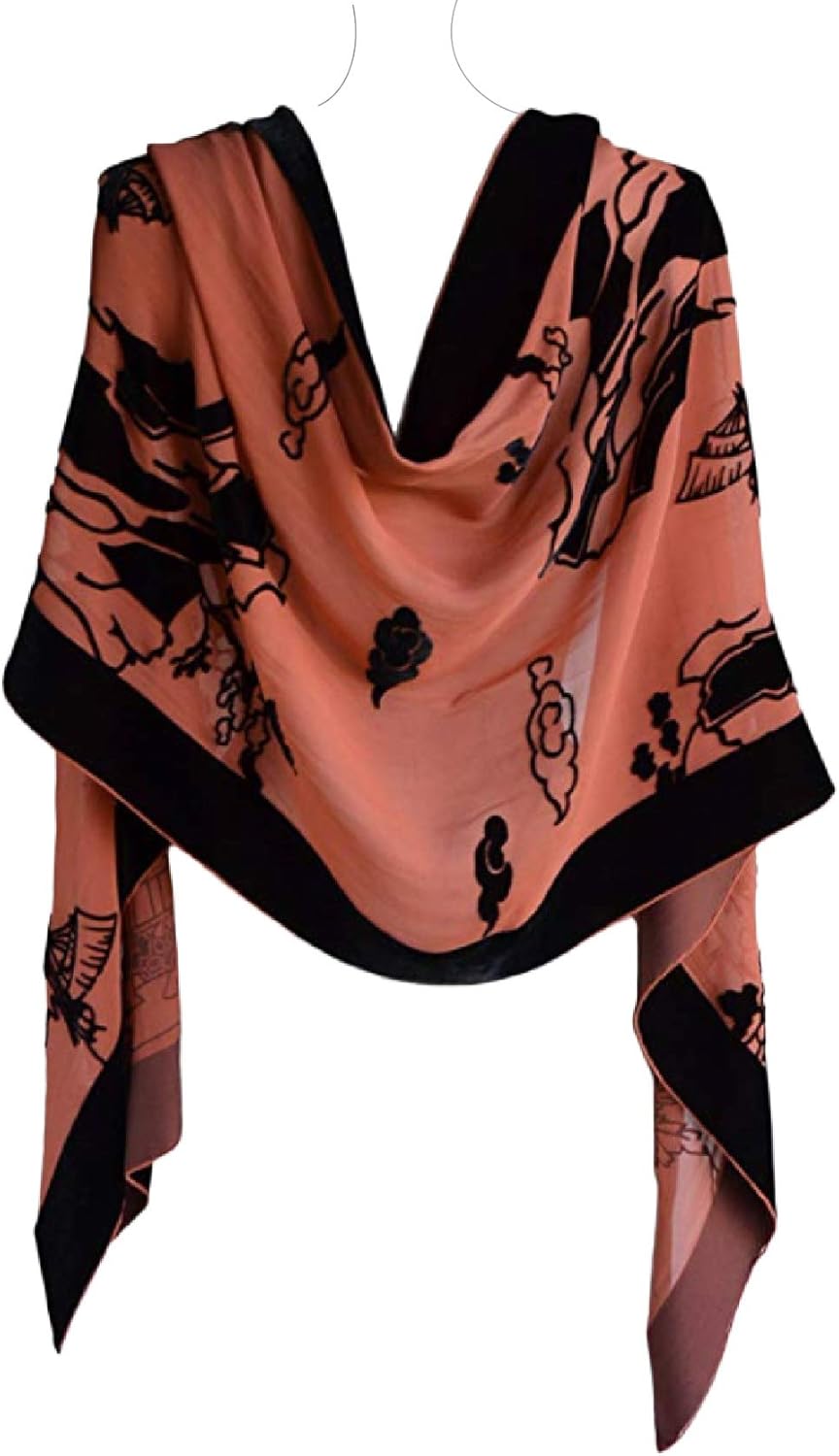 Silk Base Burn-out Velvet Shawl,73" Lx21 W,Ancient Art,Coral/Black
