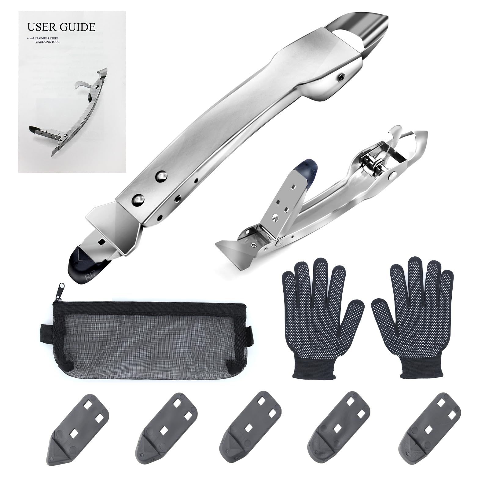 ZFULVOStainless Steel Caulking Tool 4-in-1 Caulking Tool Kit, Caulk Remover, Silicone Caulking Tool, Upgrade Your Caulking Game