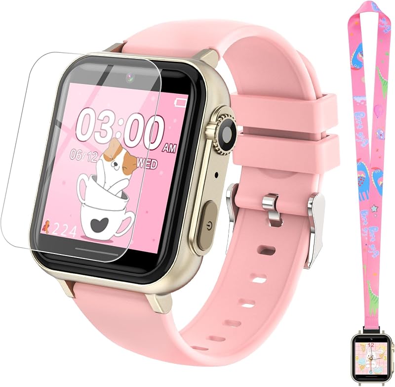 Reloj inteligente para niños para niñas de 4 a 12 años - Incluye protector de pantalla, más de 30 juegos, 140 tarjetas de aprendizaje, pantalla táctil HD, cámara, música, podómetro - Idea de regalo de cumpleaños divertida y educativa (rosa)