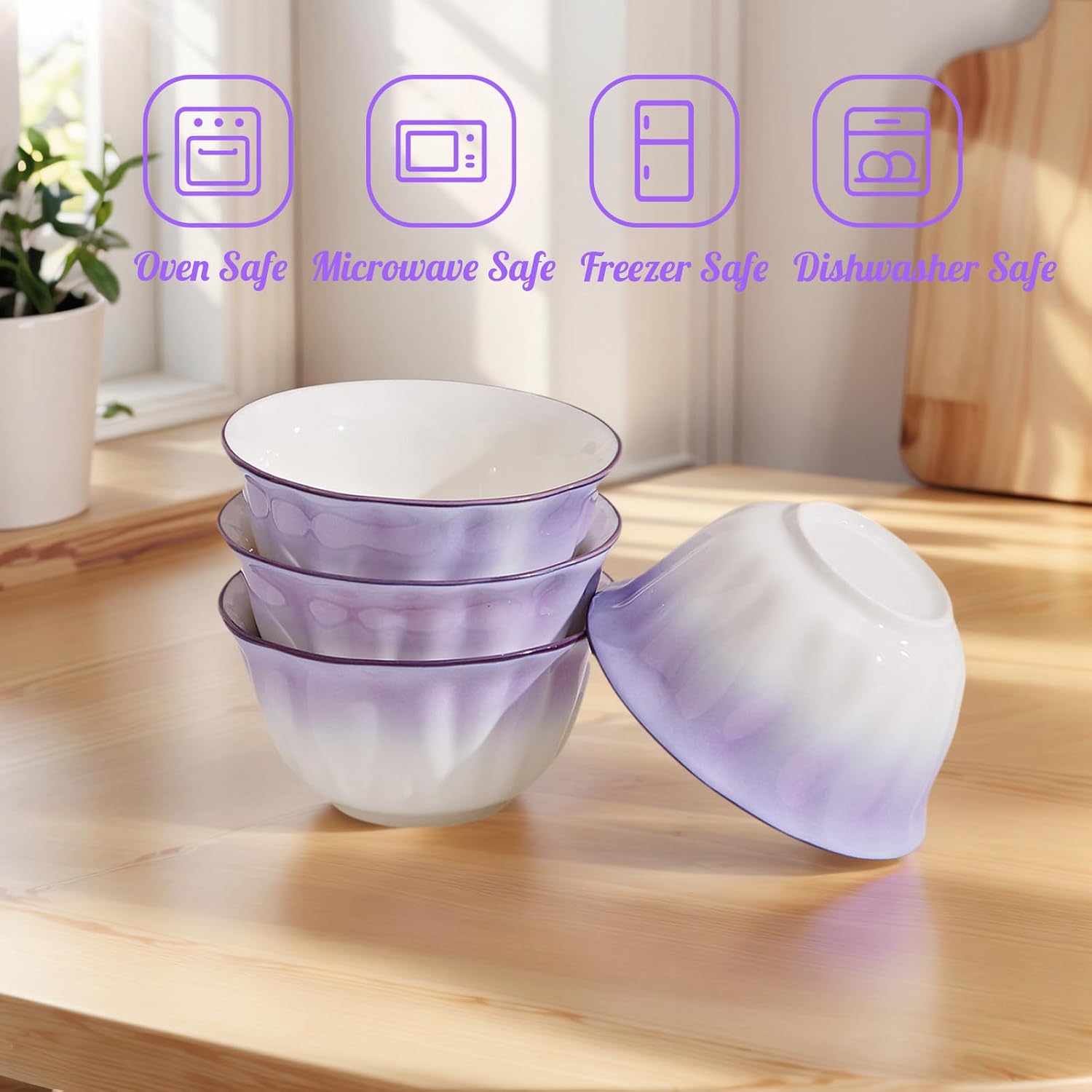 Flower-Shaped Ice Cream Bowls, Reusable Serving Bowls for Cereal, Salad, Fruit, Yogurt, Dessert, and Snacks, Ceramic Bowl Set of 5, Microwave, Oven, Dishwasher, Refrigerator Safe (Purple)