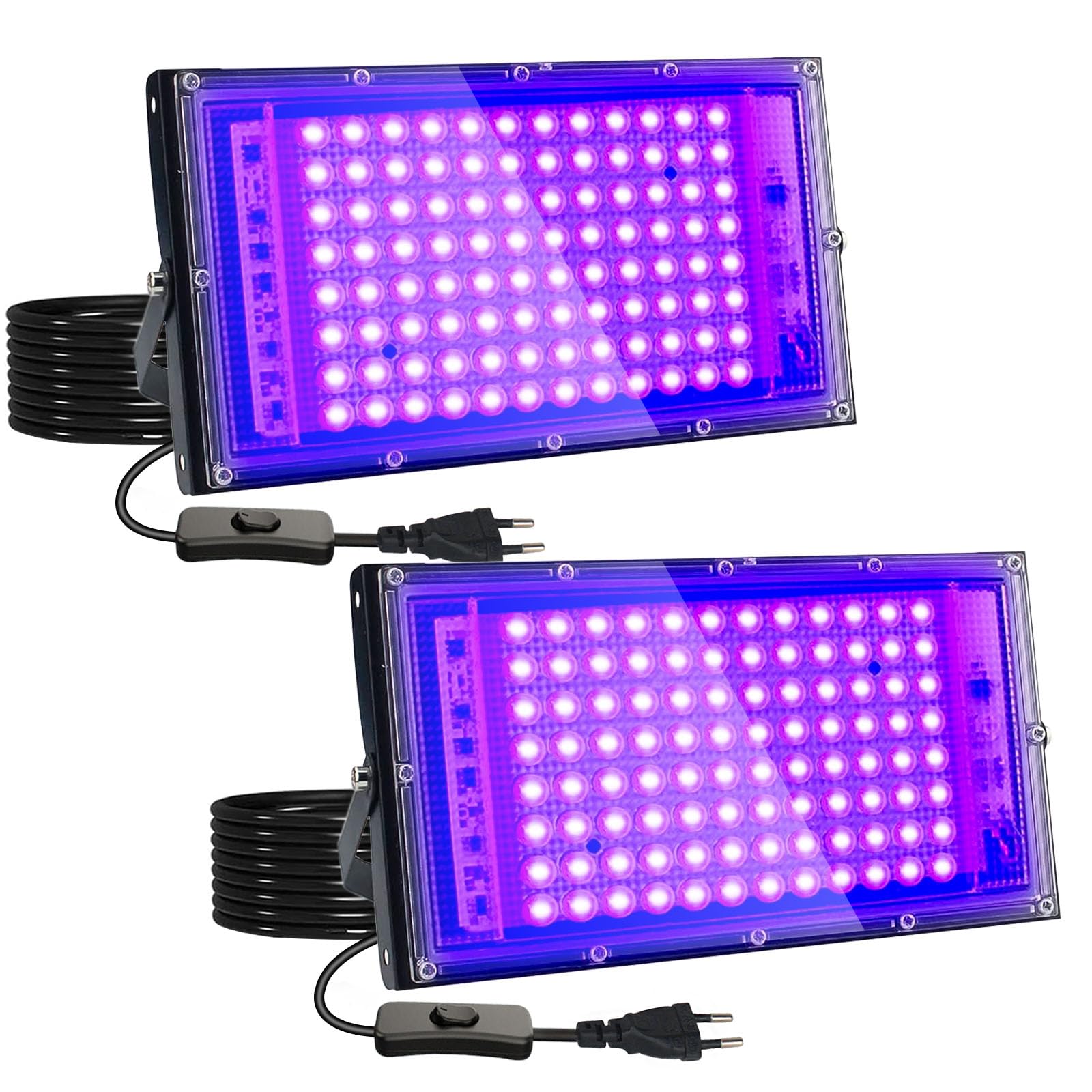 Eleganted 2 Pezzi 100W Faretto UV LED, luce UV LED con Spina, IP65 Impermeabile Luce Nera, UV Lampada Ultravioletti Decorare per Acquario, Festa, Pittura Fluorescente, Poster Fluorescente, Bar, Festa