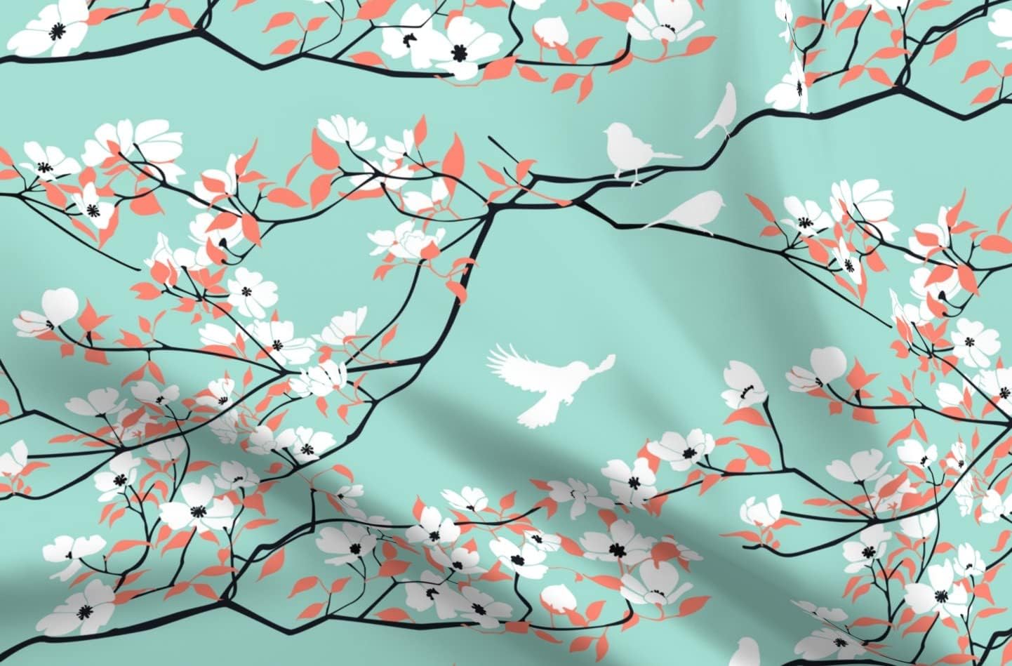 Spoonflower Fabric - White Blossoms Mint Birds Branches Romantic Cherry Springtime Coral Printed on Minky Fabric by The Yard - Sewing Baby Blankets Quilt Backing Plush